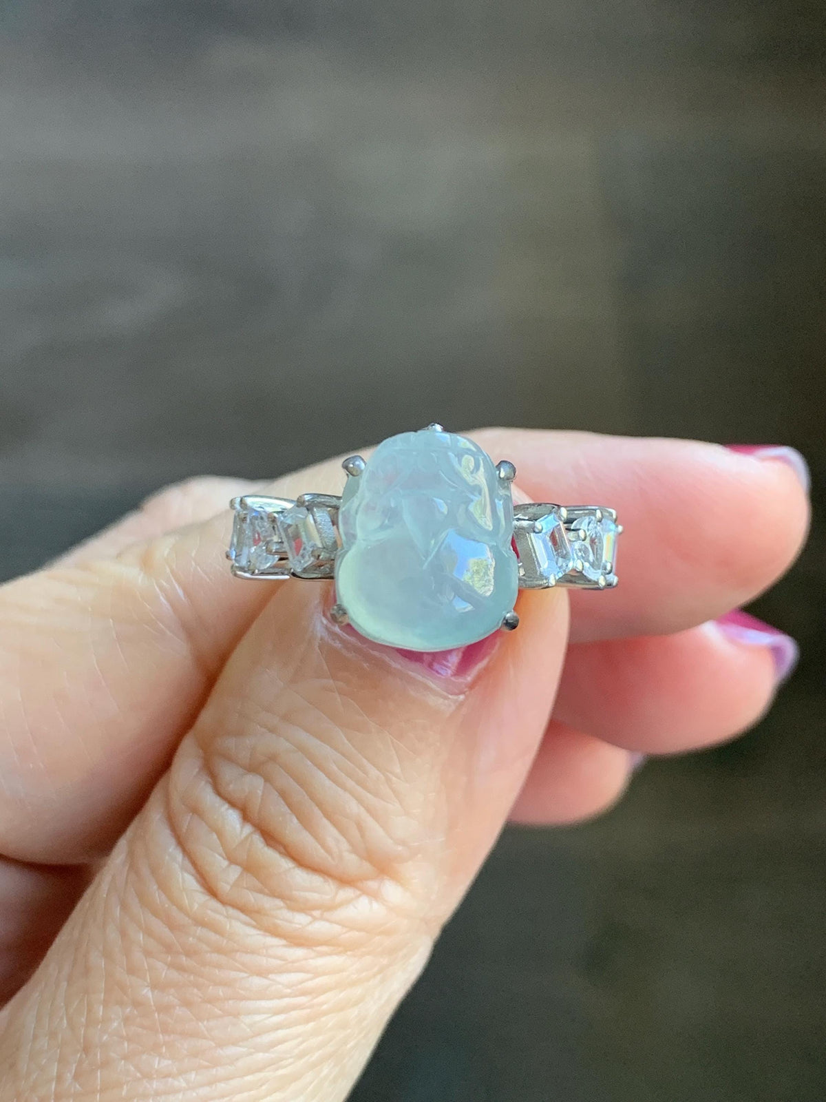 Certified Grade A Natural Icy Translucent White Jade Jadeite Pixiu Ring Sterling Silver size 6.75 US 4.65g 天然冰胶白晴底翡翠貔貅镶嵌戒指 1032