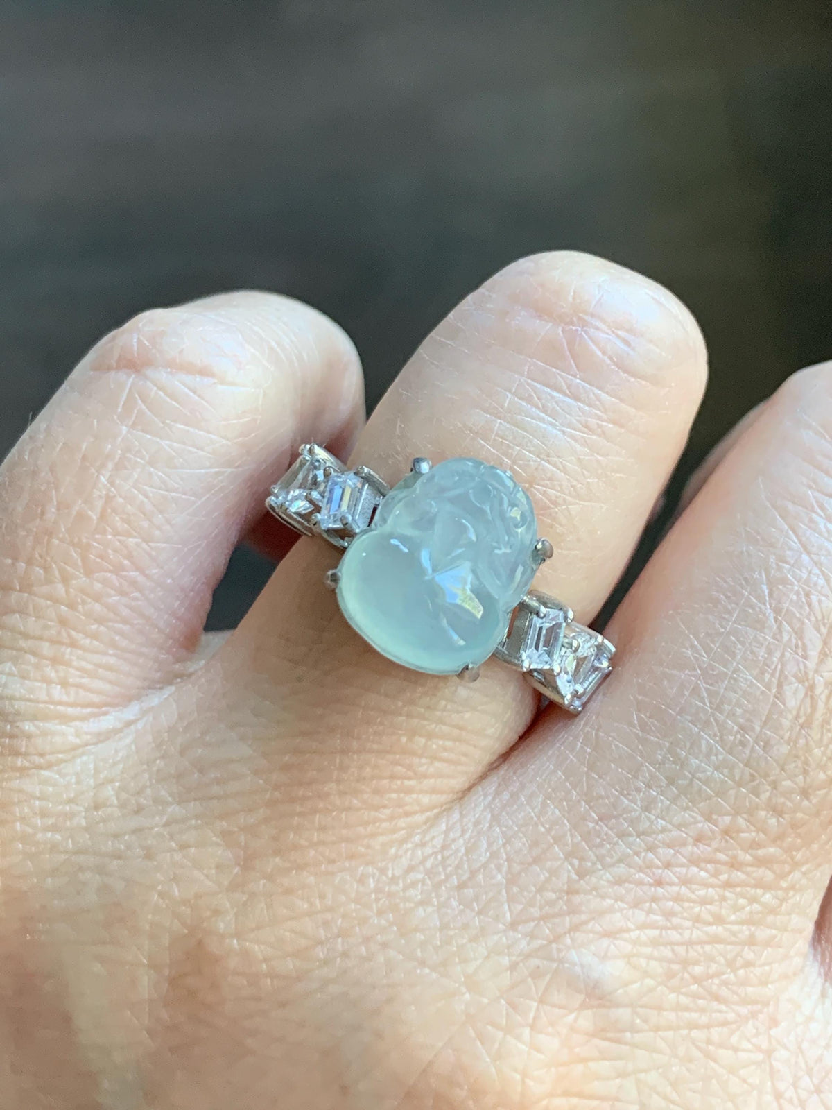 Certified Grade A Natural Icy Translucent White Jade Jadeite Pixiu Ring Sterling Silver size 6.75 US 4.65g 天然冰胶白晴底翡翠貔貅镶嵌戒指 1032