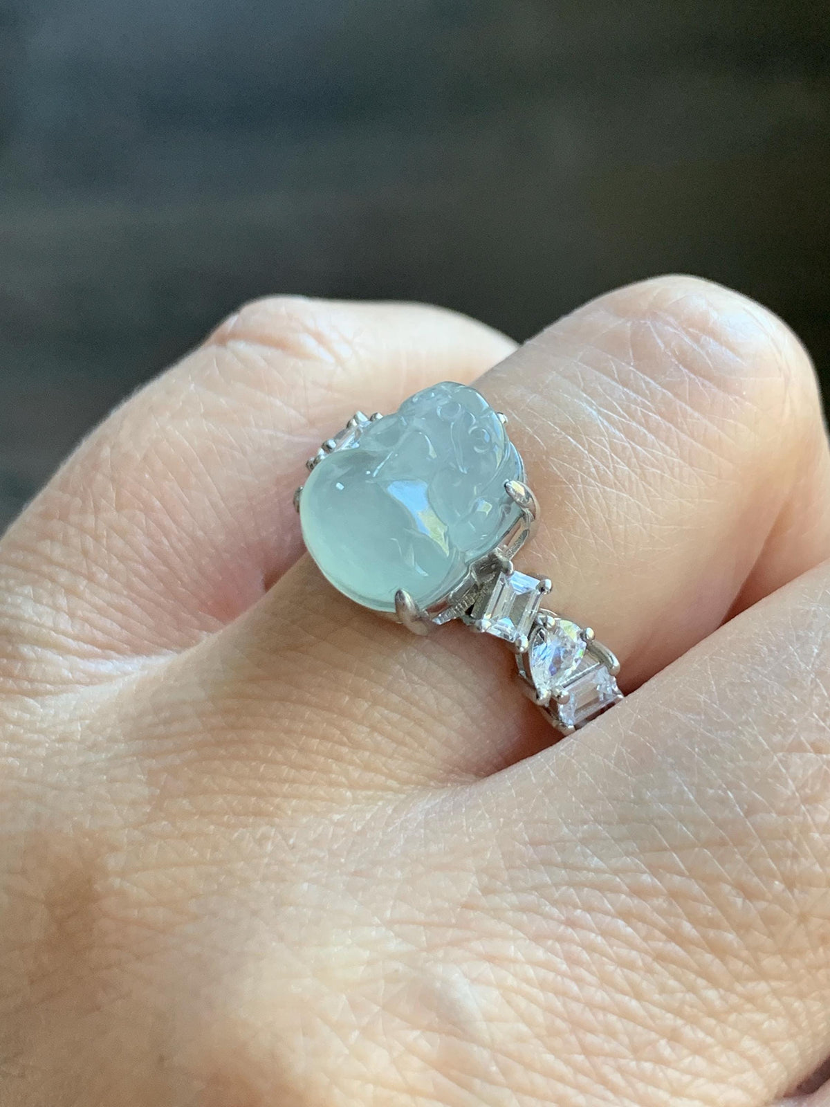 Certified Grade A Natural Icy Translucent White Jade Jadeite Pixiu Ring Sterling Silver size 6.75 US 4.65g 天然冰胶白晴底翡翠貔貅镶嵌戒指 1032