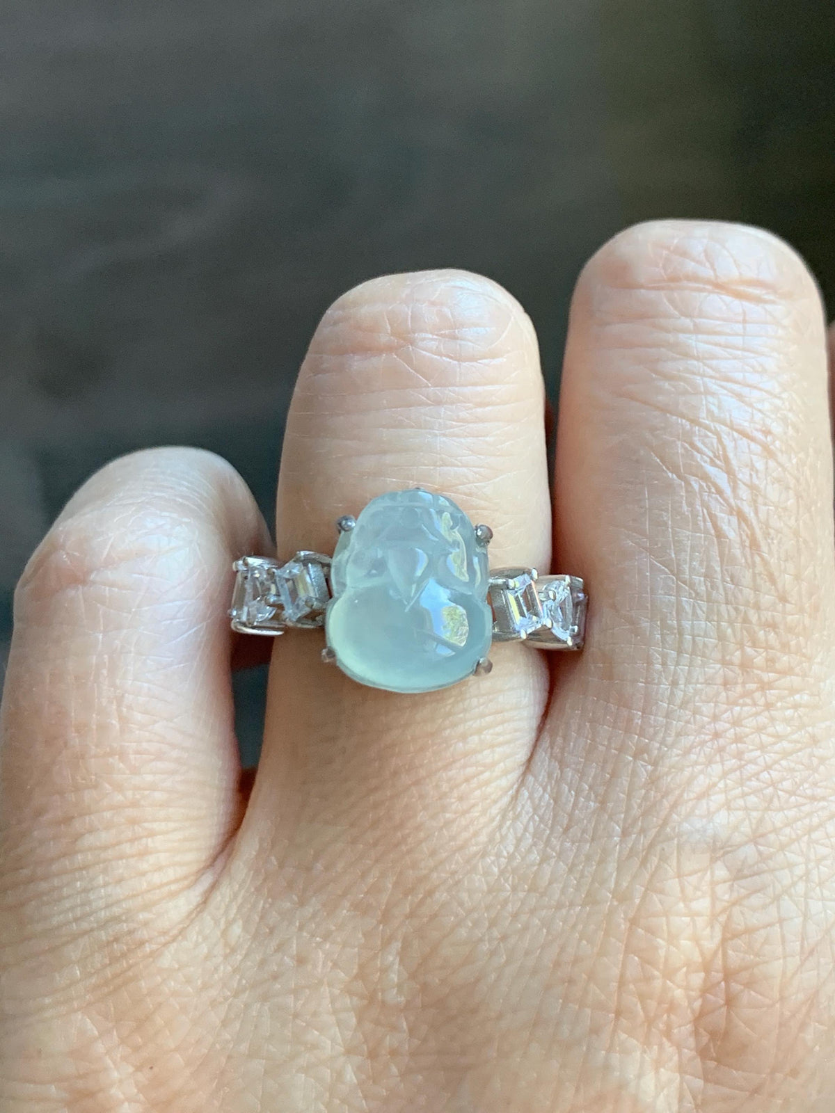 Certified Grade A Natural Icy Translucent White Jade Jadeite Pixiu Ring Sterling Silver size 6.75 US 4.65g 天然冰胶白晴底翡翠貔貅镶嵌戒指 1032
