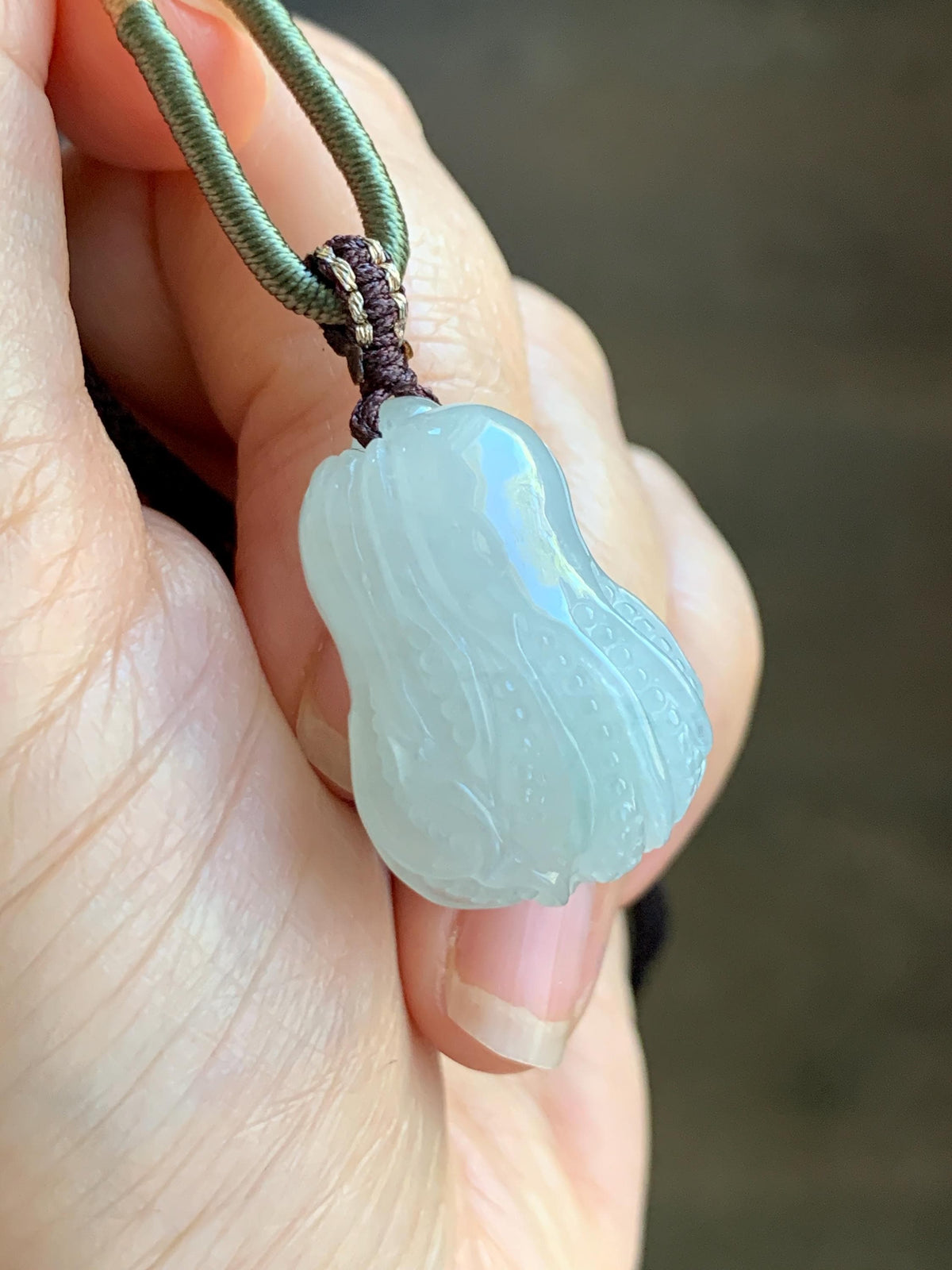 Natural Grade A Icy Translucent Icy White Green Marbled Jade Jadeite Carved Cabbage Pendant Rope Necklace 24” 15g 天然冰胶飘花翡翠白菜百财吊坠 MQB270