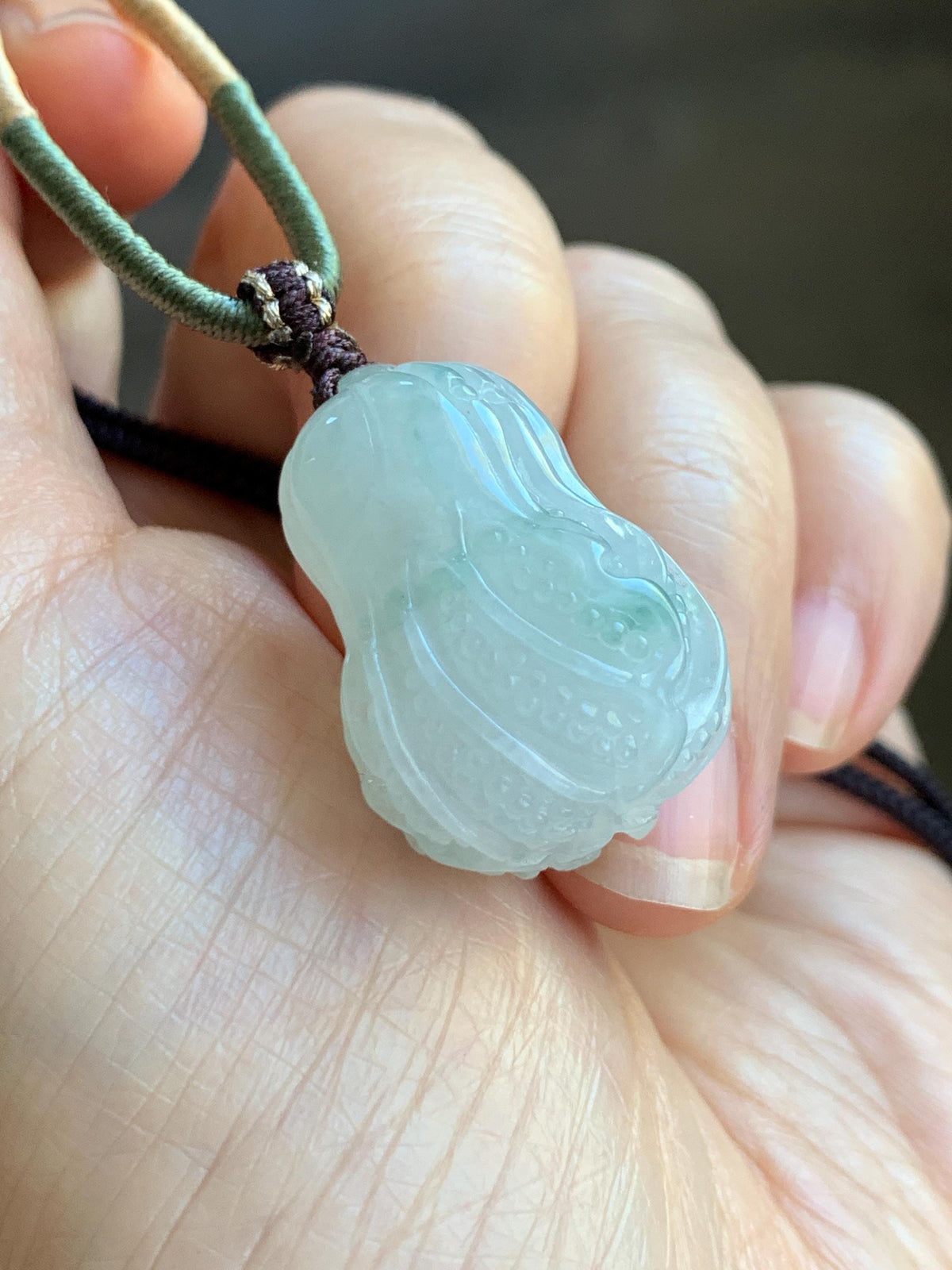 Natural Grade A Icy Translucent Icy White Green Marbled Jade Jadeite Carved Cabbage Pendant Rope Necklace 24” 15g 天然冰胶飘花翡翠白菜百财吊坠 MQB270