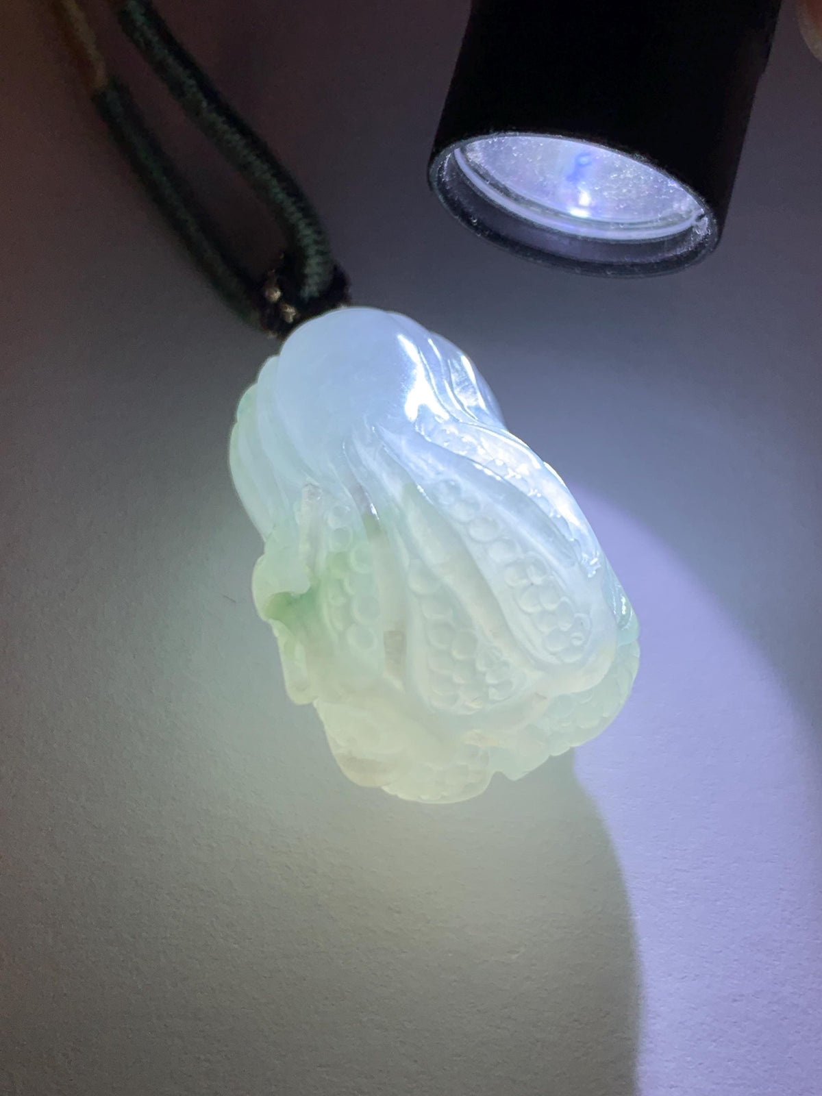 Natural Grade A Icy Translucent Icy White Green Marbled Jade Jadeite Carved Cabbage Pendant Rope Necklace 24” 15g 天然冰胶飘花翡翠白菜百财吊坠 MQB270