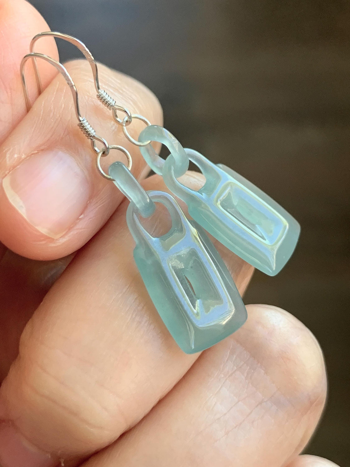 Natural Grade A Guatemalan Icy Dusty Teal Green Jade Jadeite w/ Interlocking Rings Dangle Earrings Sterling Silver 天然冰危浅蓝绿翡翠环环相扣耳钩 WHH220B