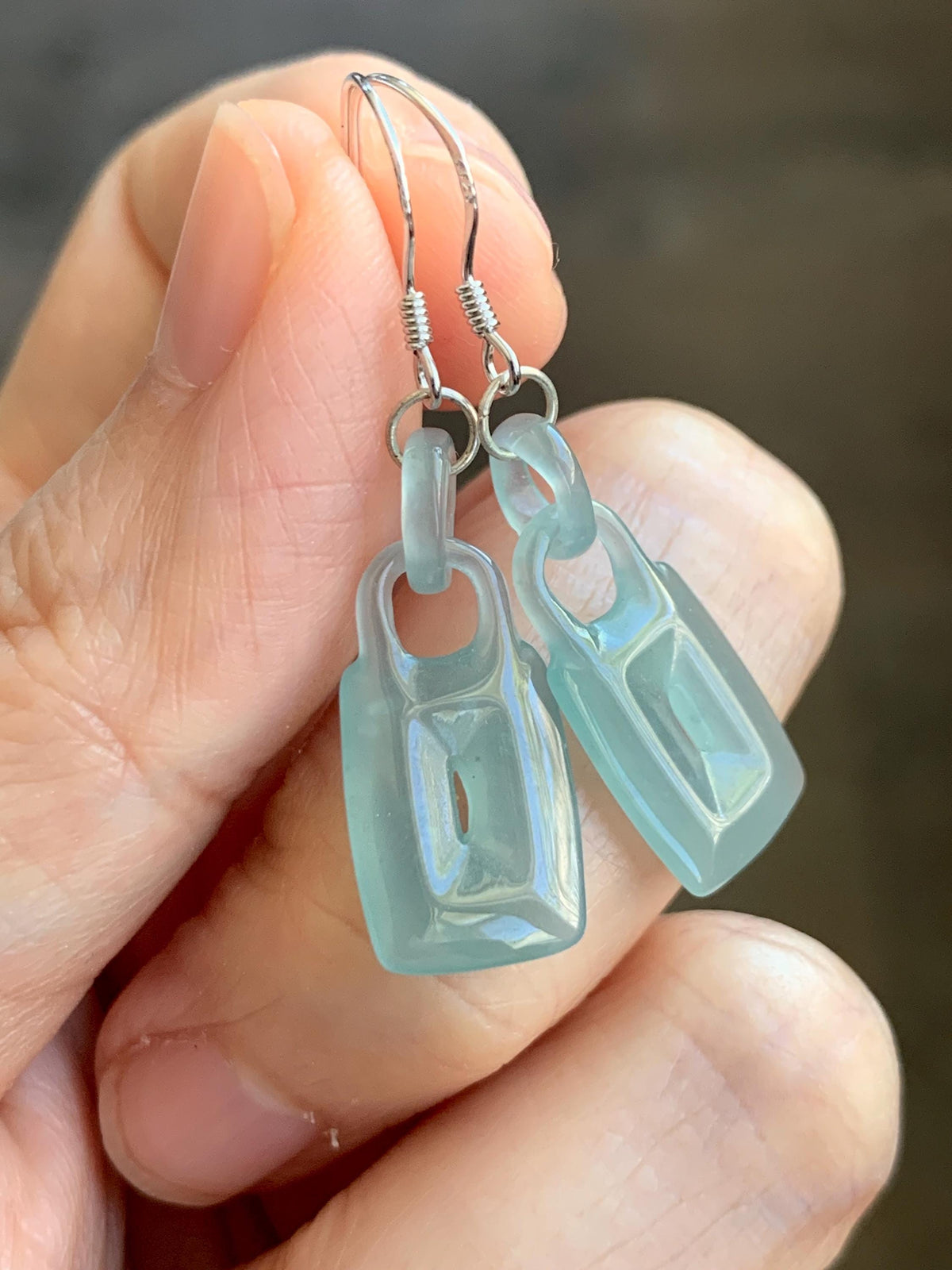 Natural Grade A Guatemalan Icy Dusty Teal Green Jade Jadeite w/ Interlocking Rings Dangle Earrings Sterling Silver 天然冰危浅蓝绿翡翠环环相扣耳钩 WHH220B