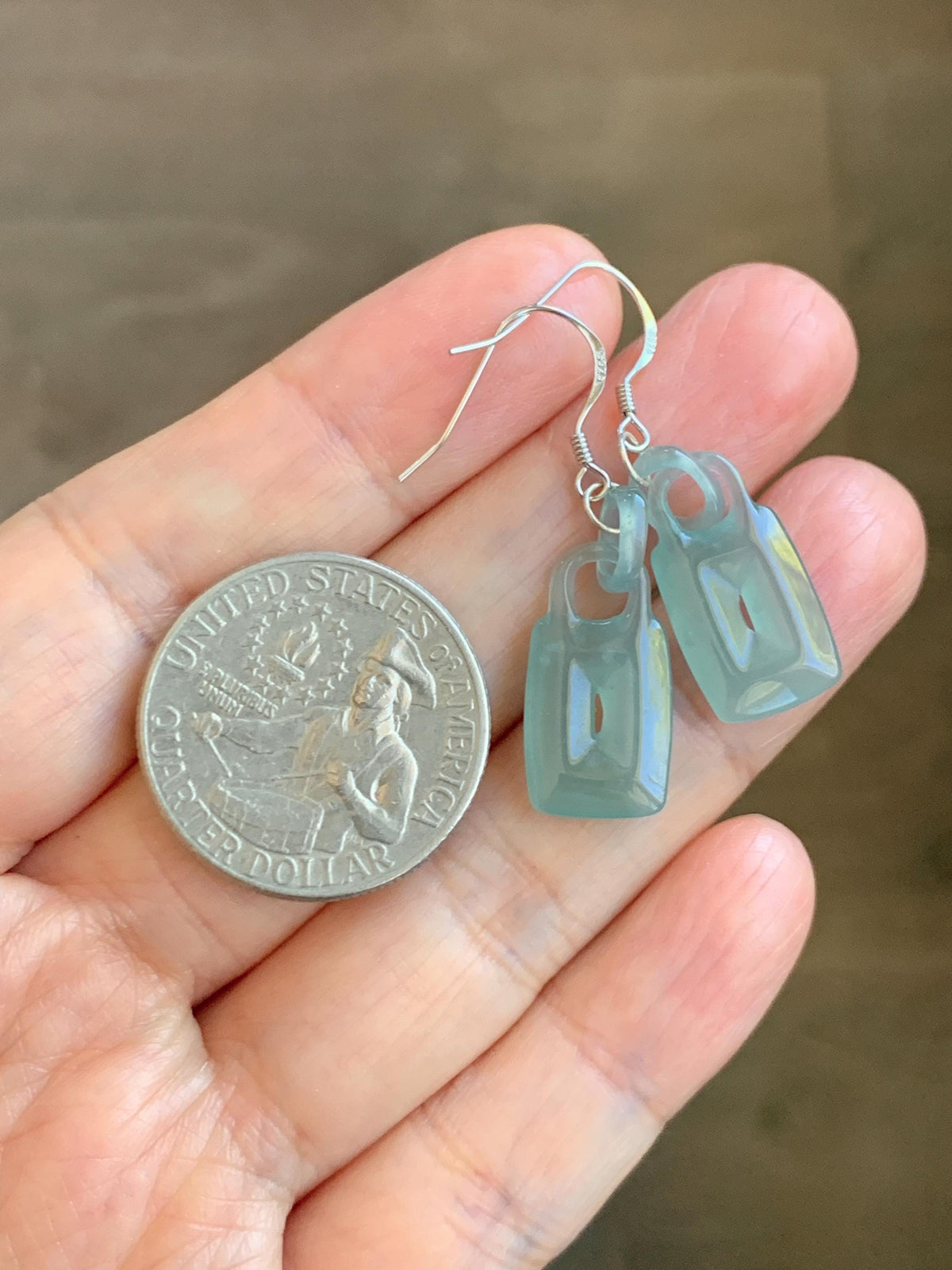 Natural Grade A Guatemalan Icy Dusty Teal Green Jade Jadeite w/ Interlocking Rings Dangle Earrings Sterling Silver 天然冰危浅蓝绿翡翠环环相扣耳钩 WHH220B