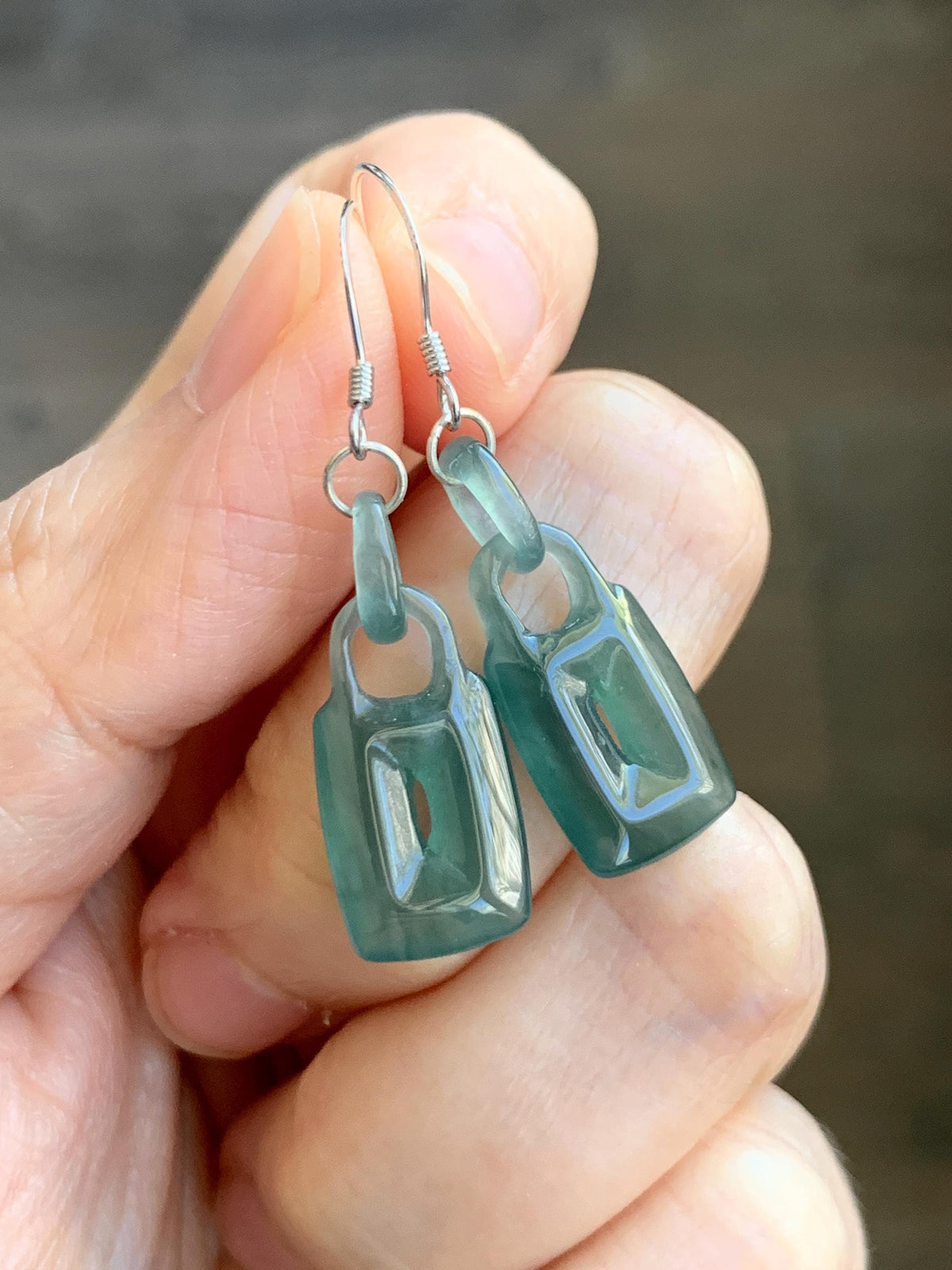 Natural Grade A Guatemalan Icy Dark Teal Green Jade Jadeite w/ Interlocking Rings Dangle Earrings Sterling Silver 天然冰危深蓝绿翡翠环环相扣耳钩 WHH220A