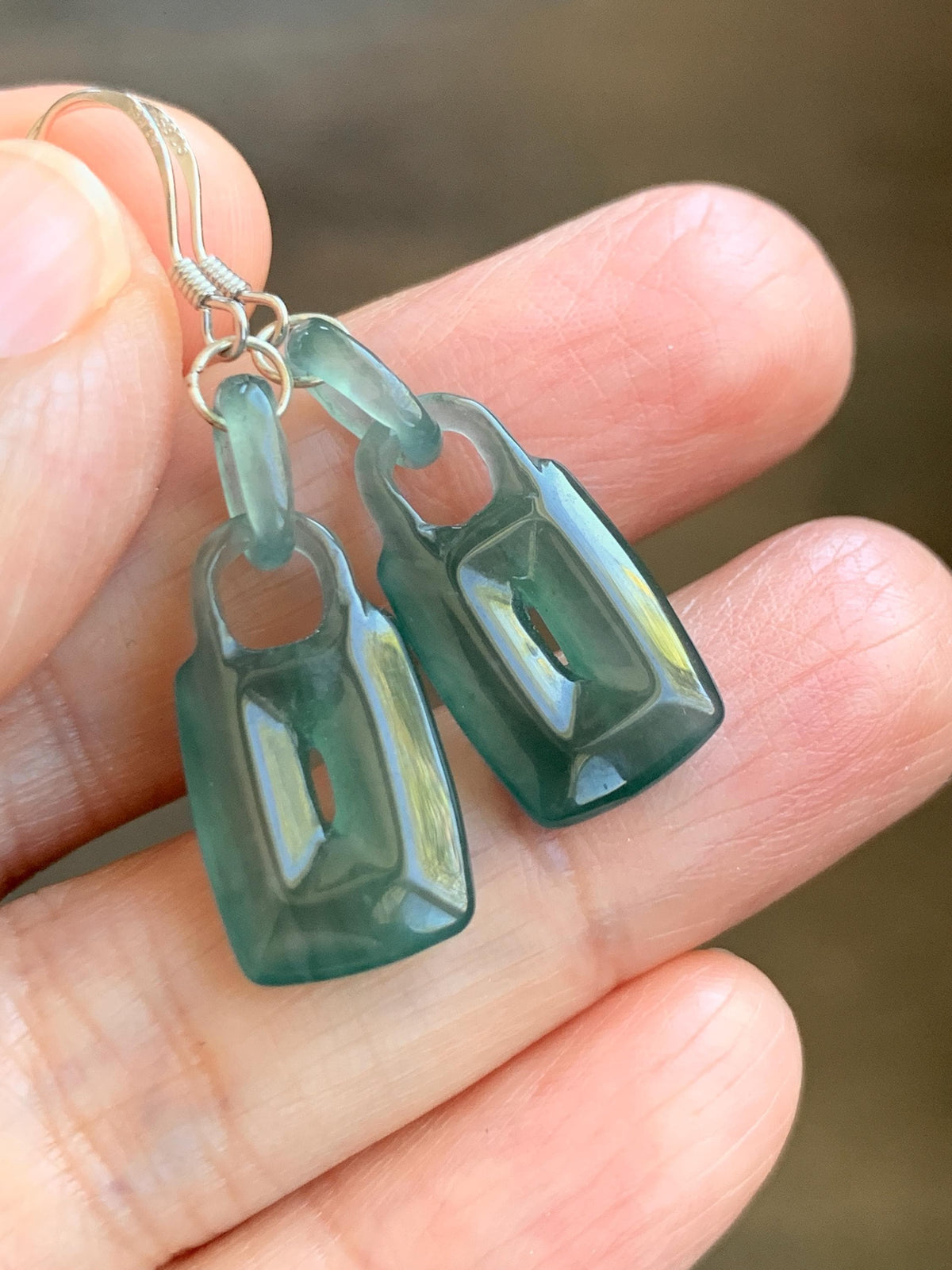 Natural Grade A Guatemalan Icy Dark Teal Green Jade Jadeite w/ Interlocking Rings Dangle Earrings Sterling Silver 天然冰危深蓝绿翡翠环环相扣耳钩 WHH220A