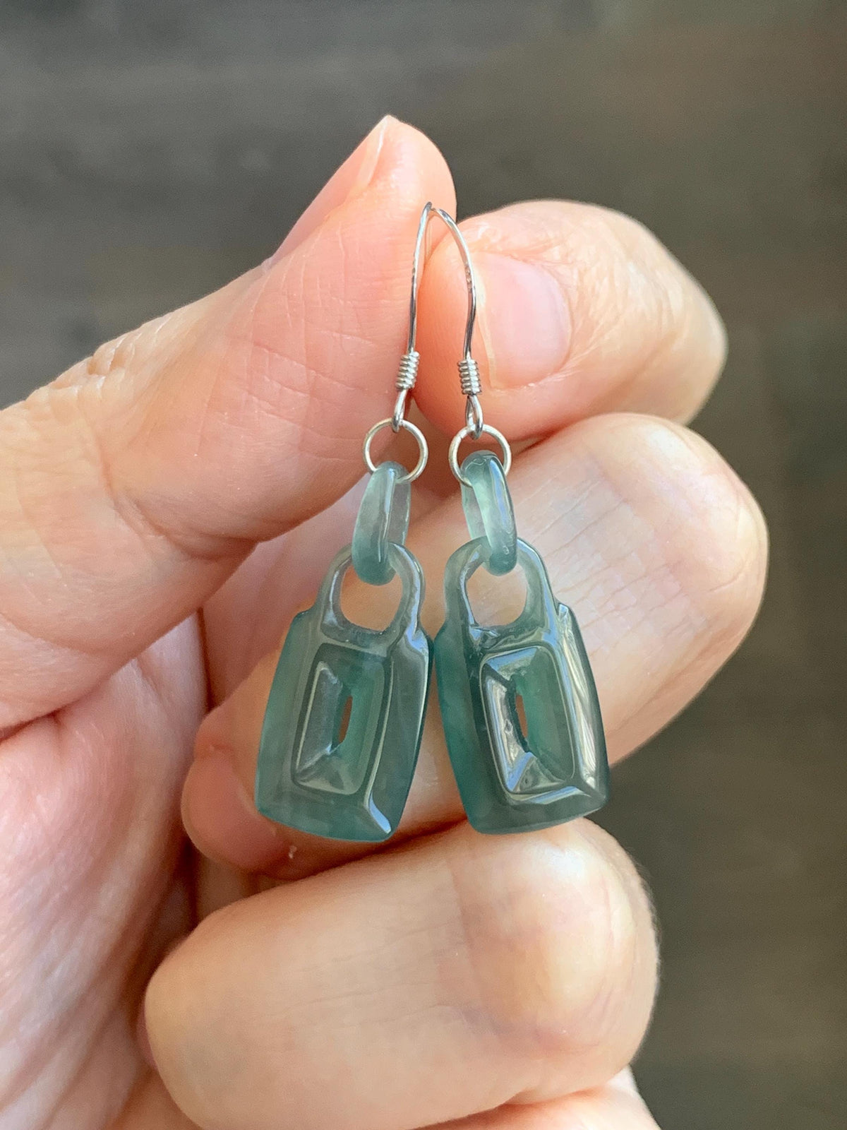 Natural Grade A Guatemalan Icy Dark Teal Green Jade Jadeite w/ Interlocking Rings Dangle Earrings Sterling Silver 天然冰危深蓝绿翡翠环环相扣耳钩 WHH220A