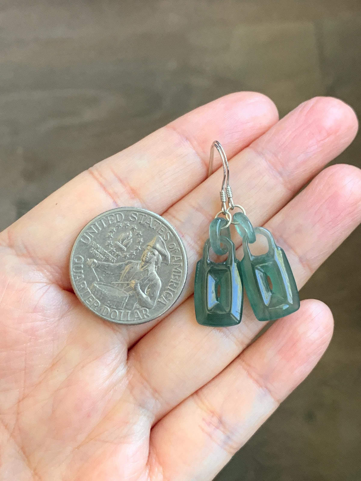 Natural Grade A Guatemalan Icy Dark Teal Green Jade Jadeite w/ Interlocking Rings Dangle Earrings Sterling Silver 天然冰危深蓝绿翡翠环环相扣耳钩 WHH220A