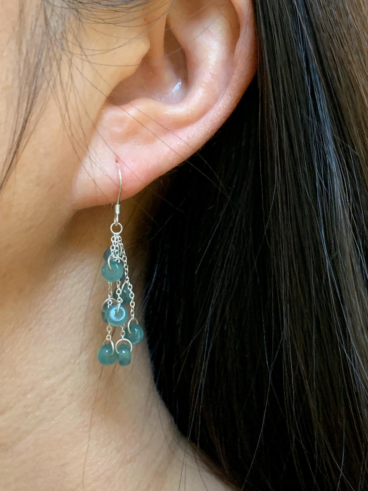 Natural Grade A Guatemalan Icy Translucent Dusty Teal Blue Jade Jadeite Flat Beads Dangle Earrings Sterling Silver 天然冰危蓝绿翡翠算盘珠耳钩 SGY88A