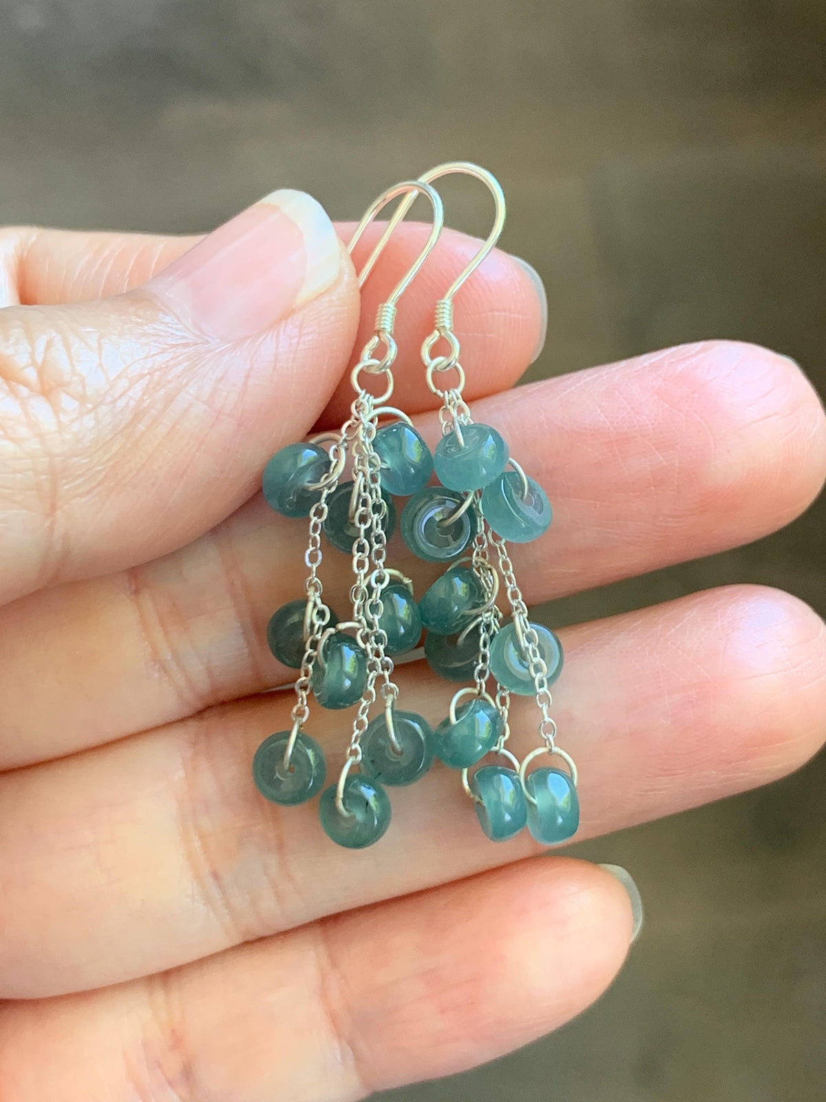 Natural Grade A Guatemalan Icy Translucent Dusty Teal Blue Jade Jadeite Flat Beads Dangle Earrings Sterling Silver 天然冰危蓝绿翡翠算盘珠耳钩 SGY88A