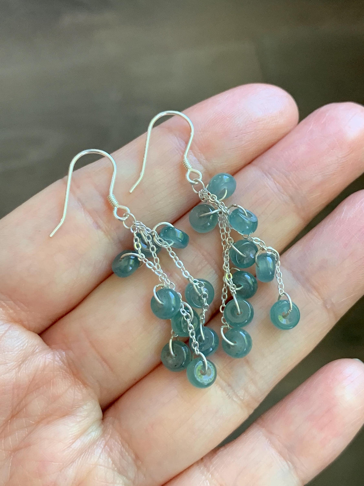 Natural Grade A Guatemalan Icy Translucent Dusty Teal Blue Jade Jadeite Flat Beads Dangle Earrings Sterling Silver 天然冰危蓝绿翡翠算盘珠耳钩 SGY88A