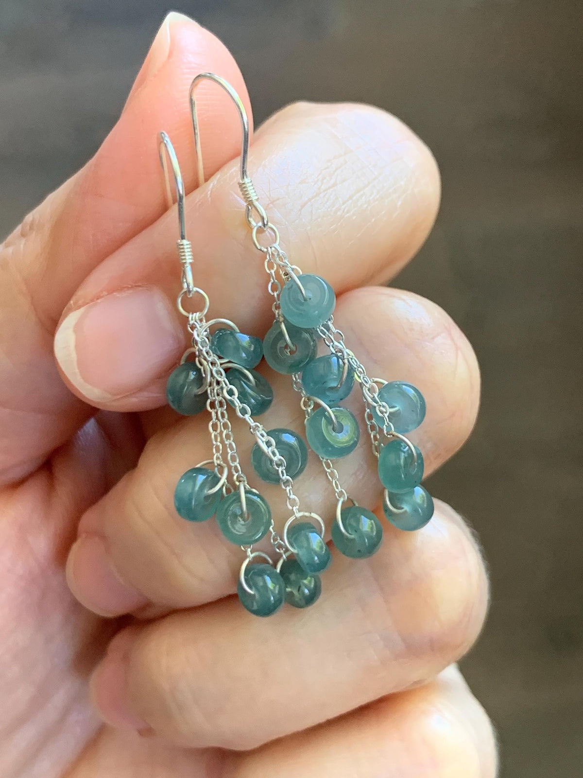 Natural Grade A Guatemalan Icy Translucent Dusty Teal Blue Jade Jadeite Flat Beads Dangle Earrings Sterling Silver 天然冰危蓝绿翡翠算盘珠耳钩 SGY88A