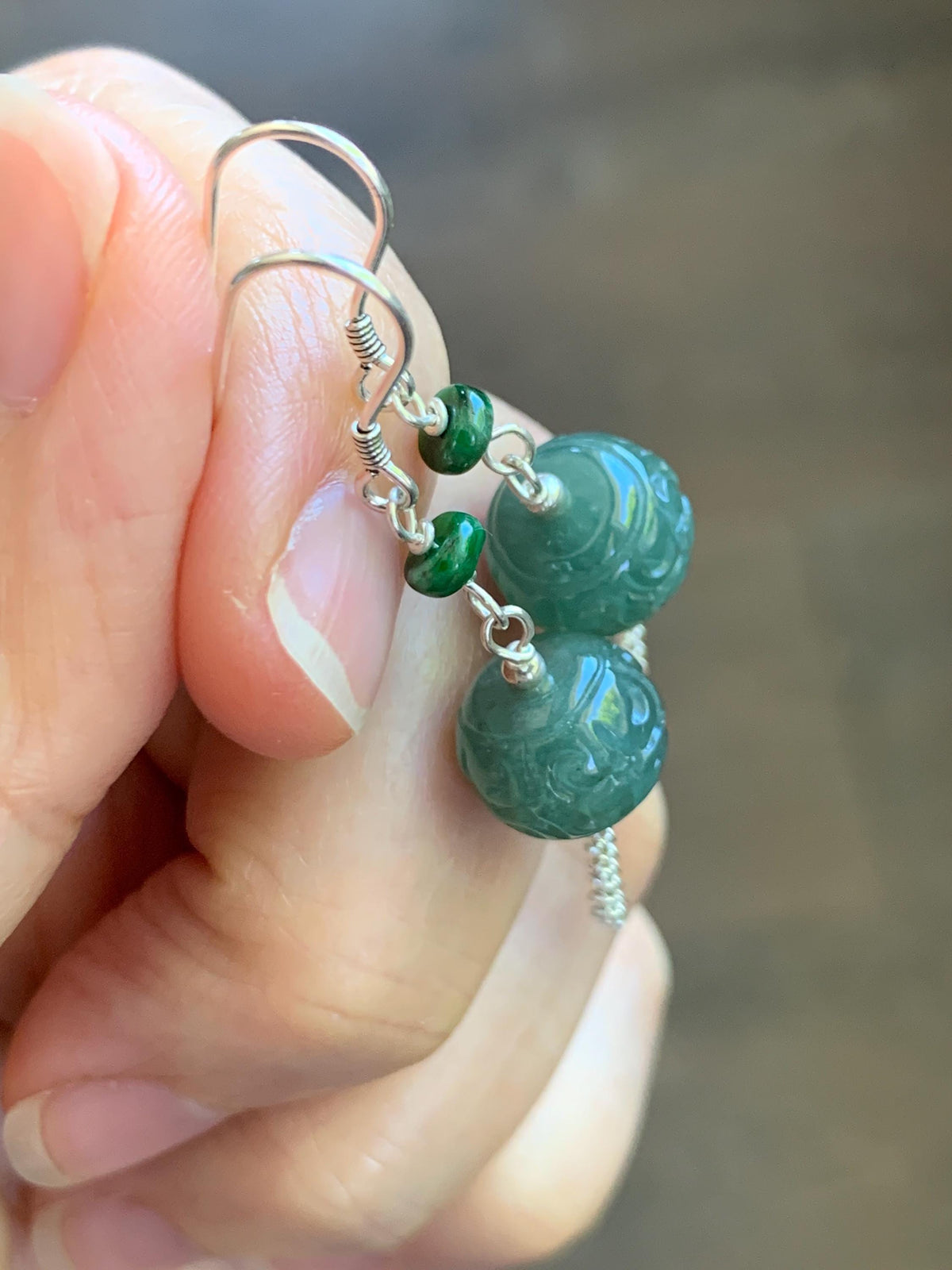 Natural Grade A Guatemalan Icy Translucent Dusty Teal Blue Jade Jadeite Drum Beads Dangle Earrings Sterling Silver 天然冰危蓝绿翡翠鼓珠耳钩 SGY88B