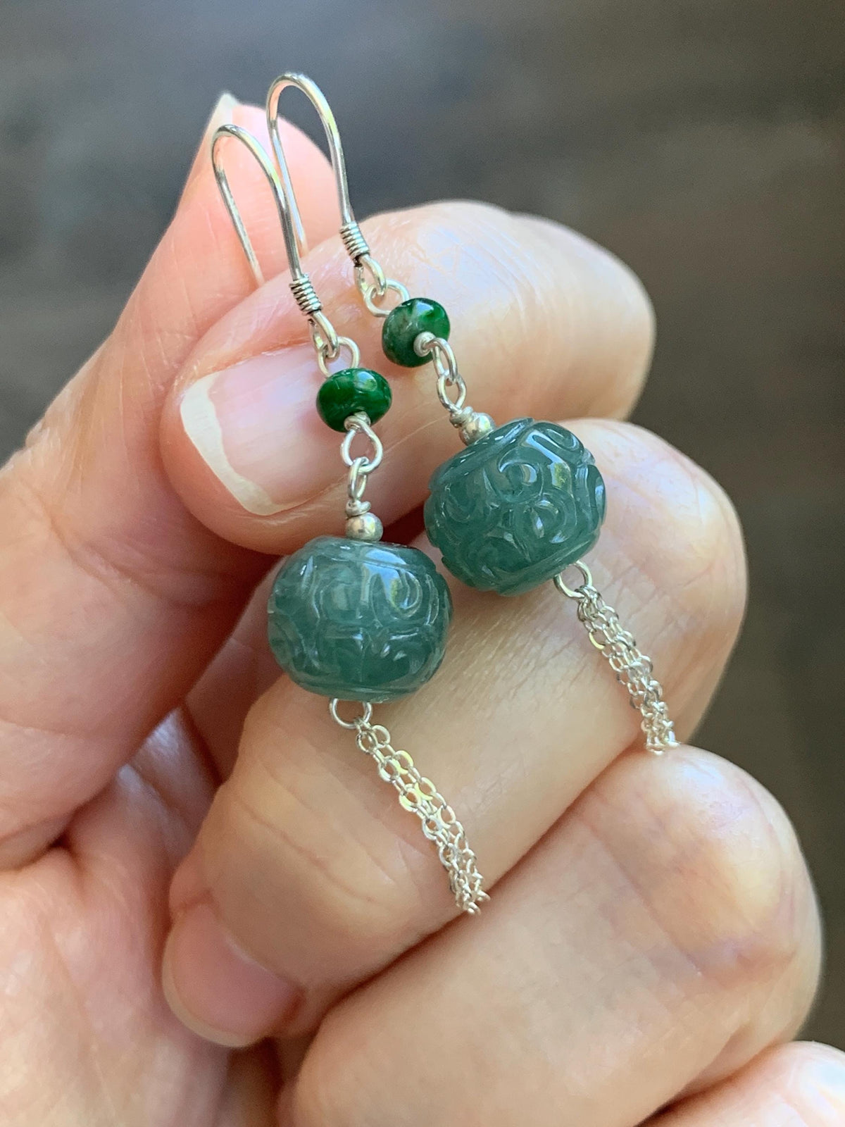 Natural Grade A Guatemalan Icy Translucent Dusty Teal Blue Jade Jadeite Drum Beads Dangle Earrings Sterling Silver 天然冰危蓝绿翡翠鼓珠耳钩 SGY88B