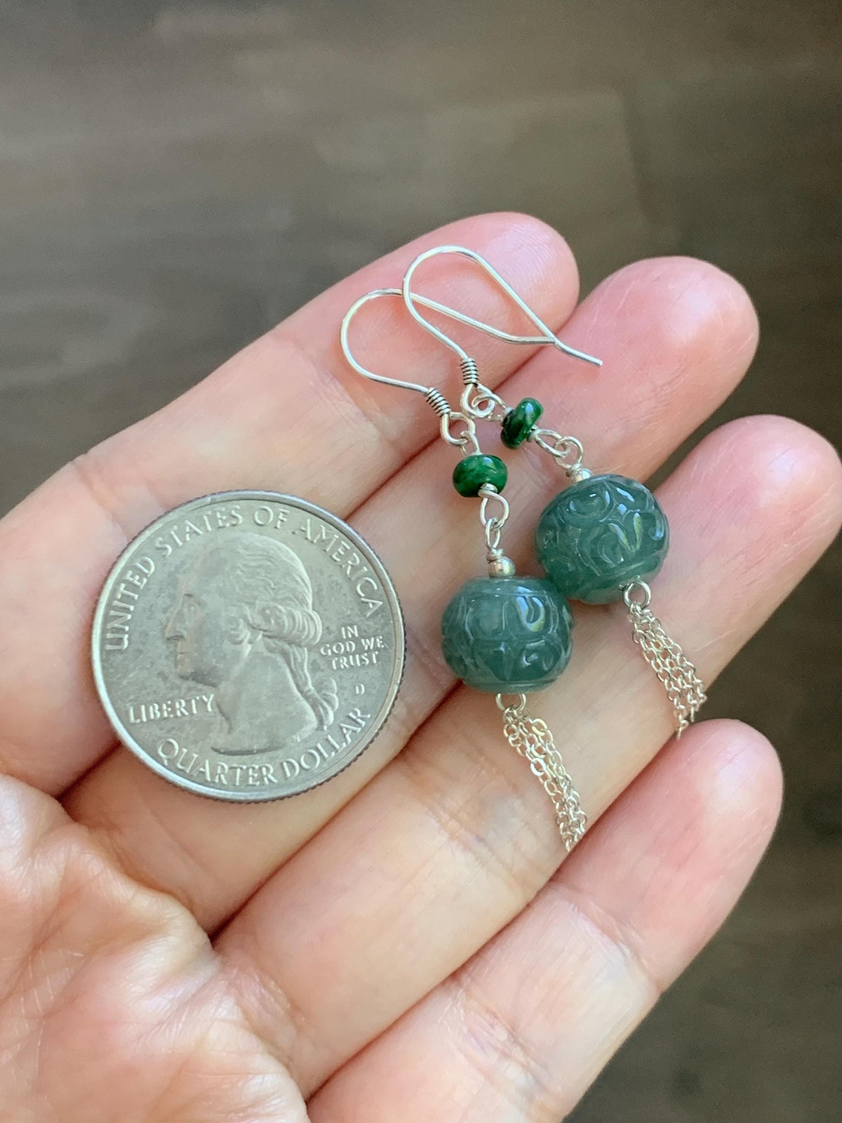 Natural Grade A Guatemalan Icy Translucent Dusty Teal Blue Jade Jadeite Drum Beads Dangle Earrings Sterling Silver 天然冰危蓝绿翡翠鼓珠耳钩 SGY88B