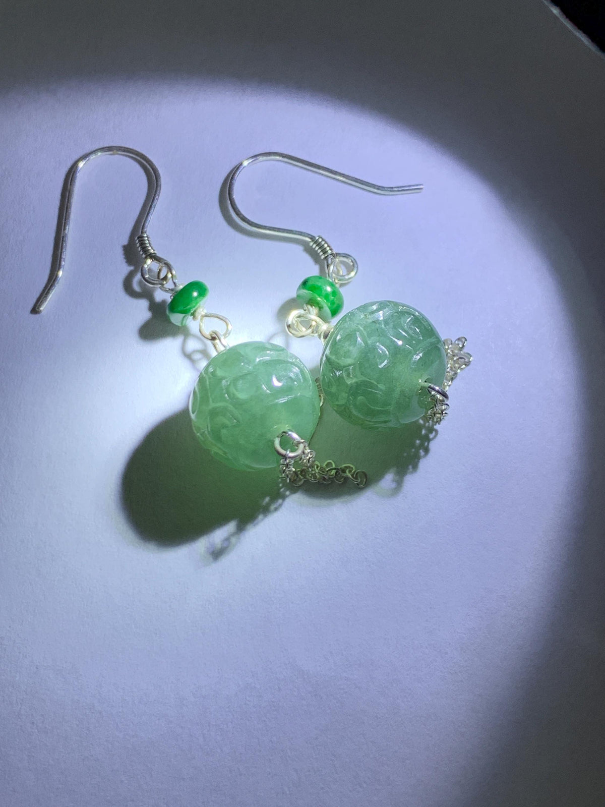 Natural Grade A Guatemalan Icy Translucent Dusty Teal Blue Jade Jadeite Drum Beads Dangle Earrings Sterling Silver 天然冰危蓝绿翡翠鼓珠耳钩 SGY88B