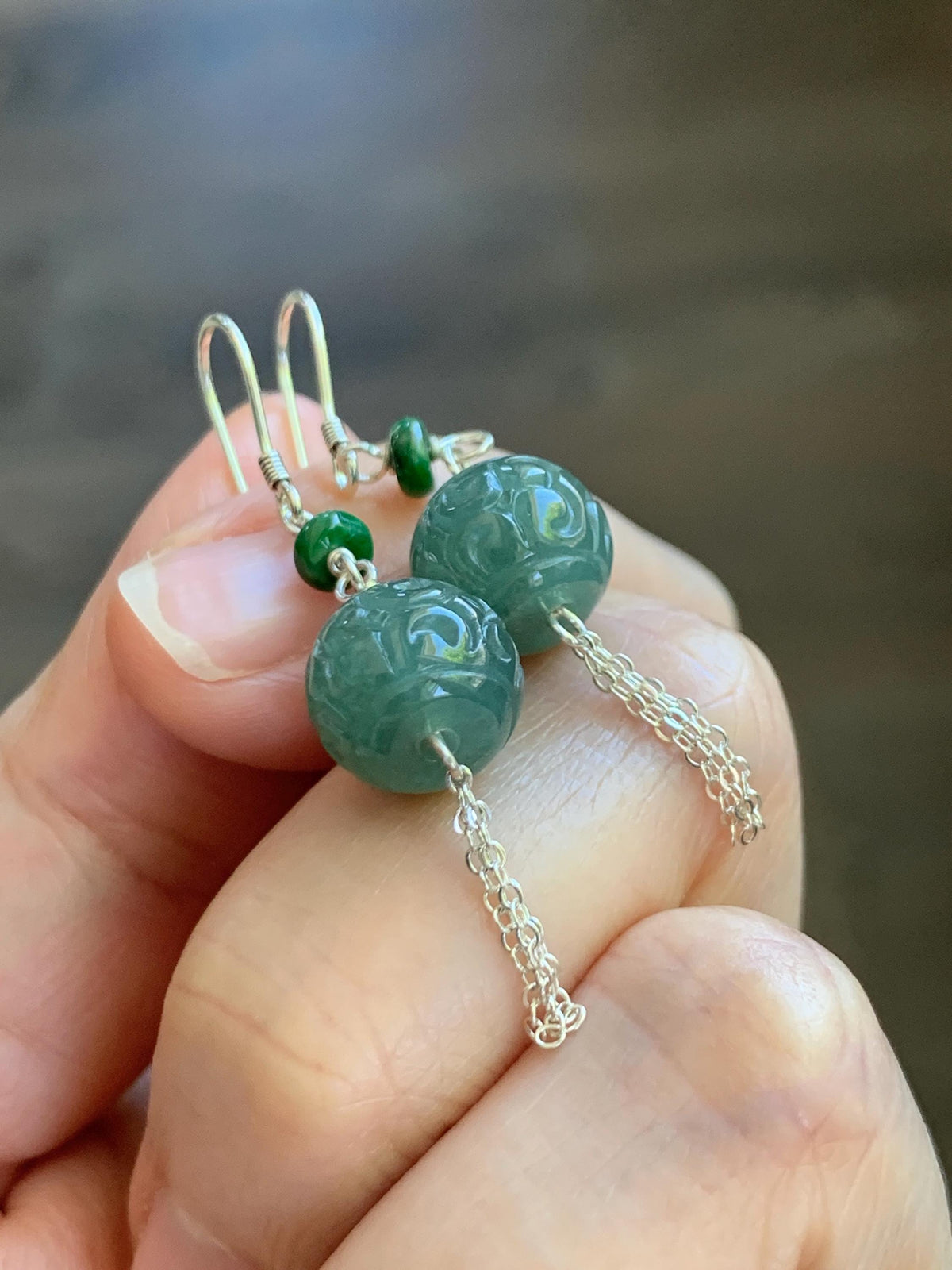 Natural Grade A Guatemalan Icy Translucent Dusty Teal Blue Jade Jadeite Drum Beads Dangle Earrings Sterling Silver 天然冰危蓝绿翡翠鼓珠耳钩 SGY88B