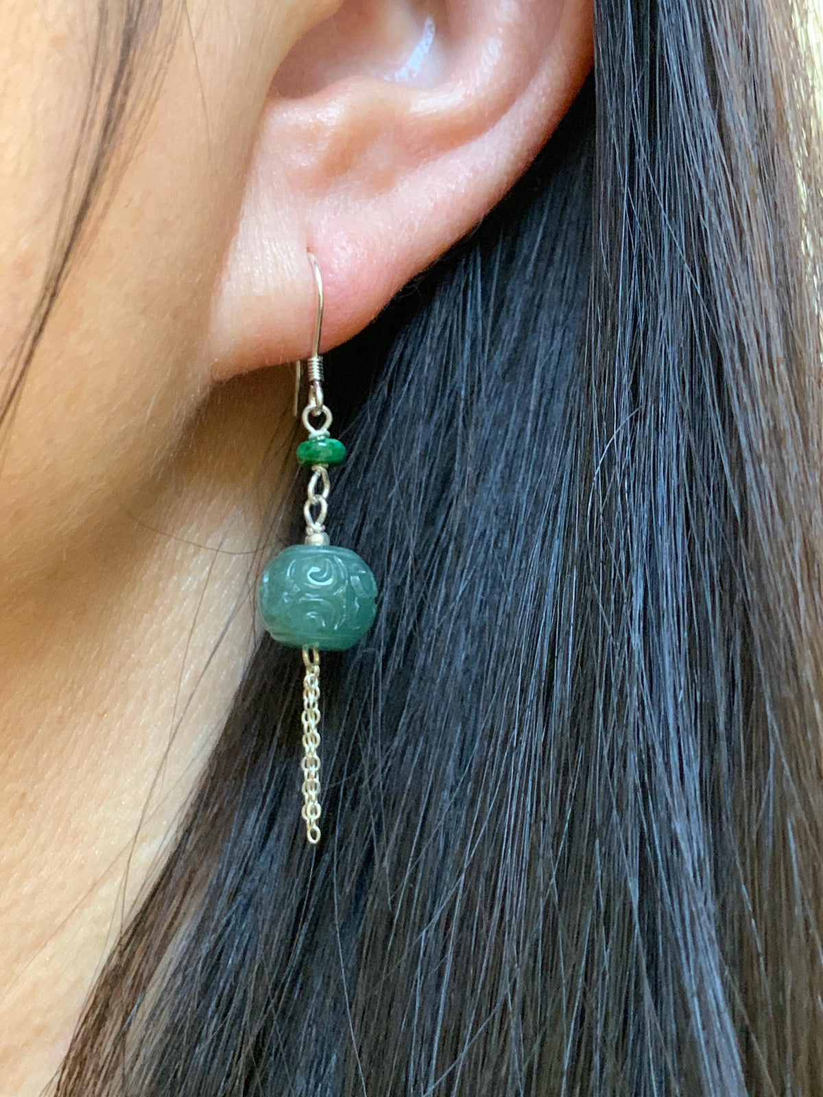 Natural Grade A Guatemalan Icy Translucent Dusty Teal Blue Jade Jadeite Drum Beads Dangle Earrings Sterling Silver 天然冰危蓝绿翡翠鼓珠耳钩 SGY88B