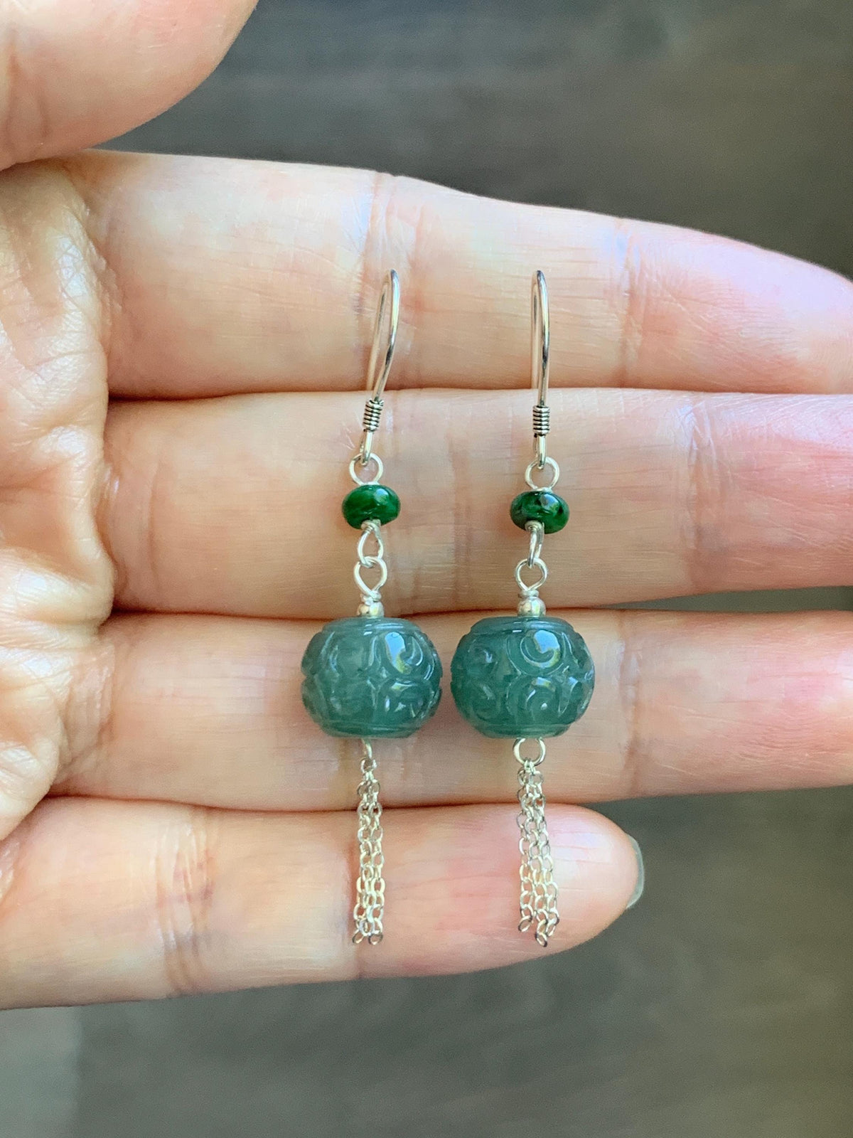 Natural Grade A Guatemalan Icy Translucent Dusty Teal Blue Jade Jadeite Drum Beads Dangle Earrings Sterling Silver 天然冰危蓝绿翡翠鼓珠耳钩 SGY88B