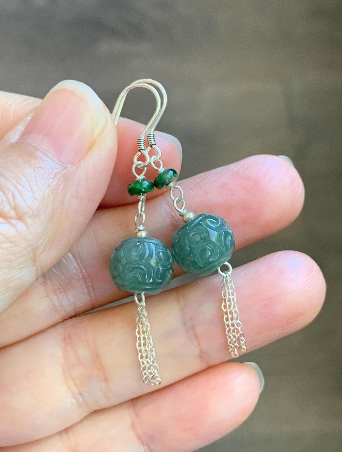 Natural Grade A Guatemalan Icy Translucent Dusty Teal Blue Jade Jadeite Drum Beads Dangle Earrings Sterling Silver 天然冰危蓝绿翡翠鼓珠耳钩 SGY88B