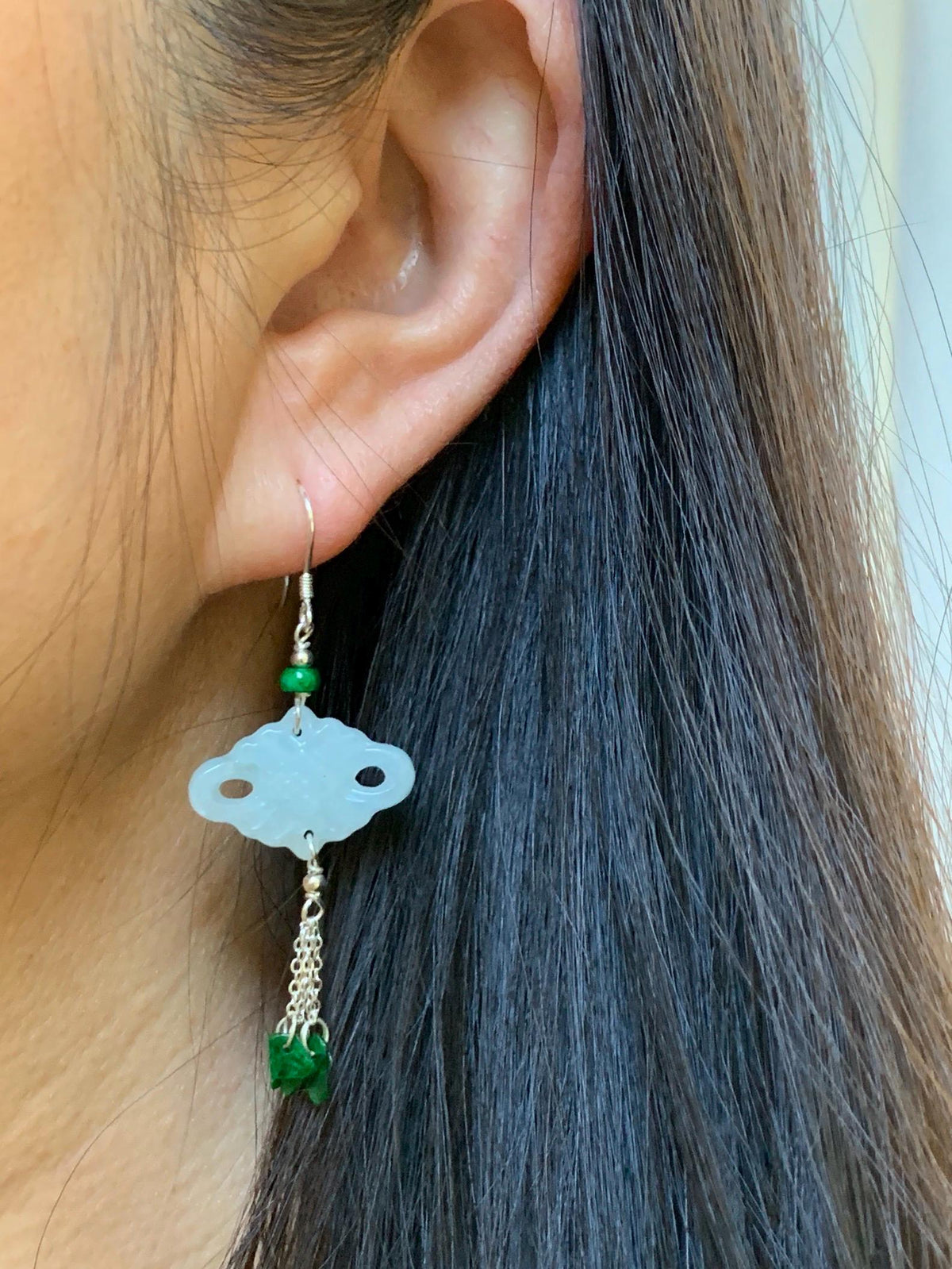 Natural Grade A Icy Translucent White Jade Jadeite Drum Chinese Knot Hot Green Jadeite Dangle Earrings Sterling Silver 天然白冰翡翠中国结碎碎耳钩 SGY88C