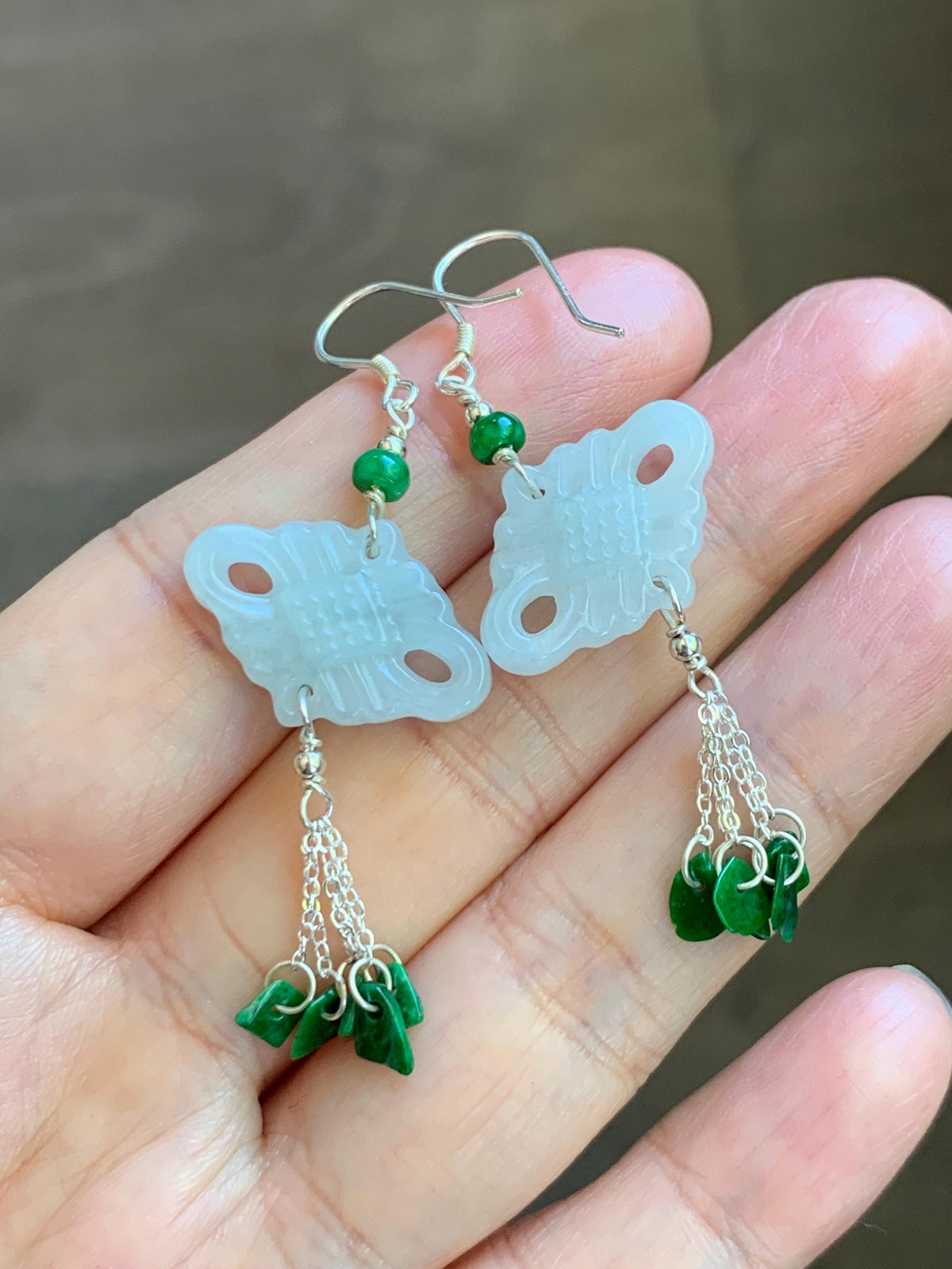 Natural Grade A Icy Translucent White Jade Jadeite Drum Chinese Knot Hot Green Jadeite Dangle Earrings Sterling Silver 天然白冰翡翠中国结碎碎耳钩 SGY88C