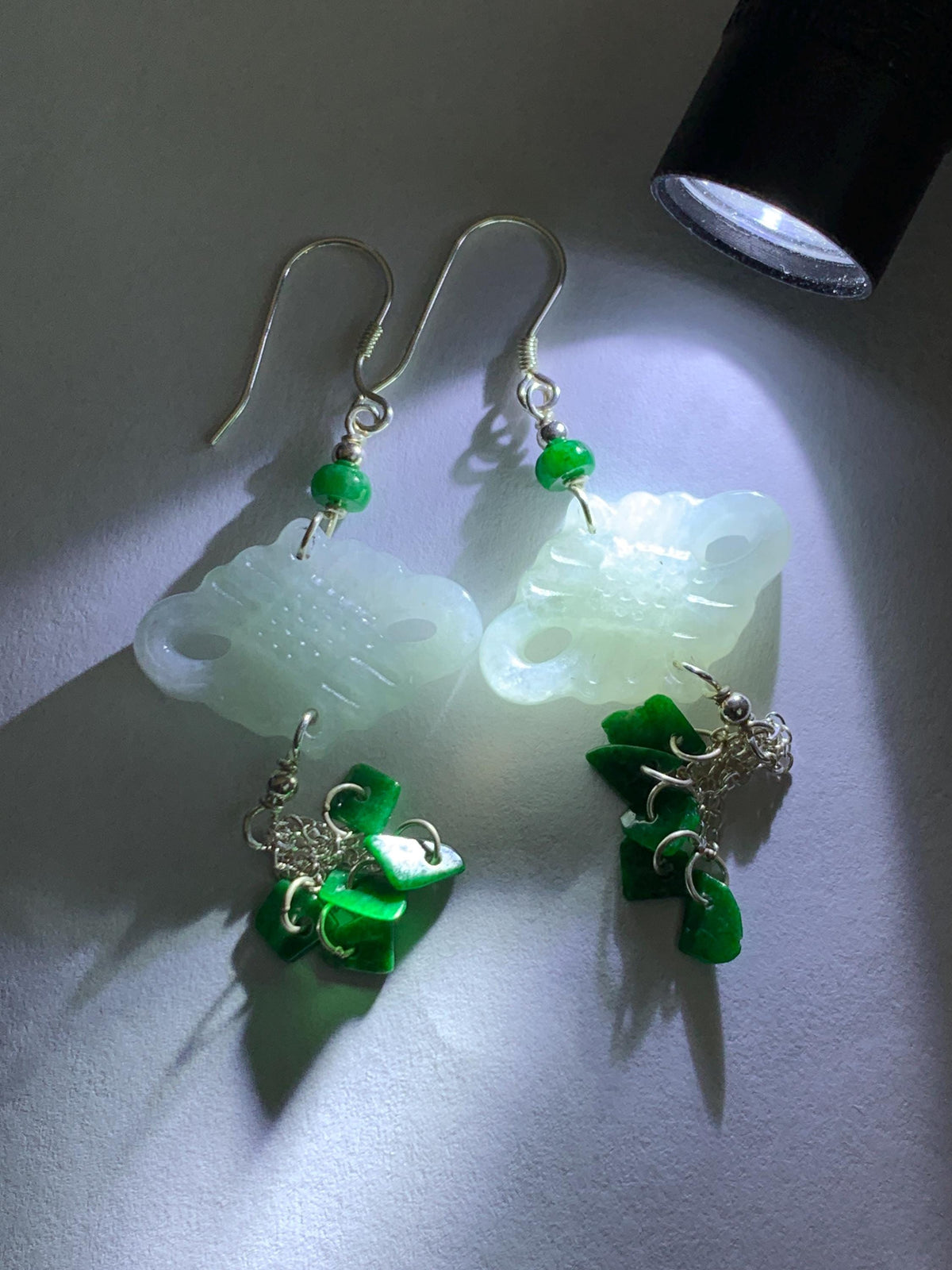 Natural Grade A Icy Translucent White Jade Jadeite Drum Chinese Knot Hot Green Jadeite Dangle Earrings Sterling Silver 天然白冰翡翠中国结碎碎耳钩 SGY88C