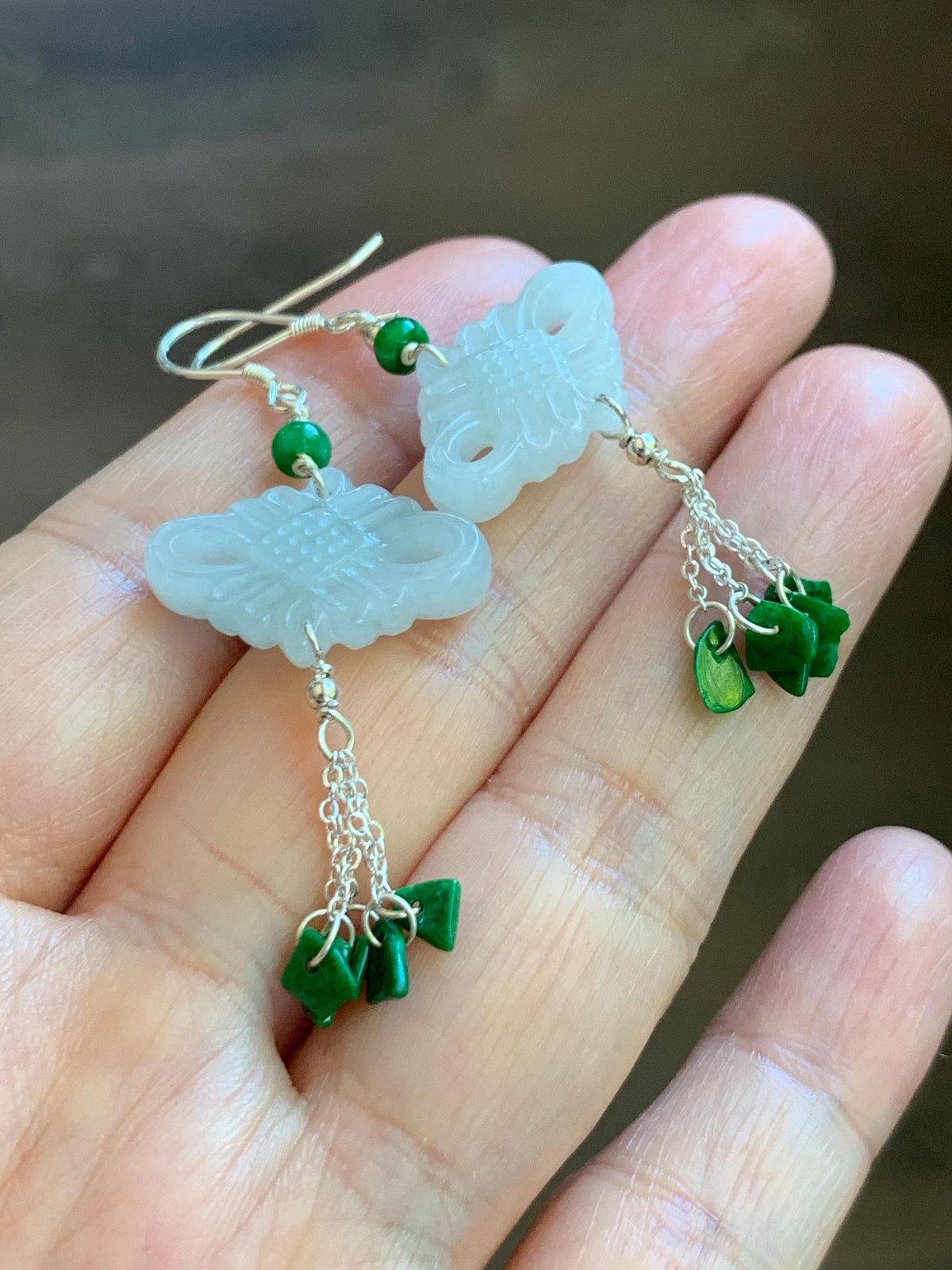 Natural Grade A Icy Translucent White Jade Jadeite Drum Chinese Knot Hot Green Jadeite Dangle Earrings Sterling Silver 天然白冰翡翠中国结碎碎耳钩 SGY88C