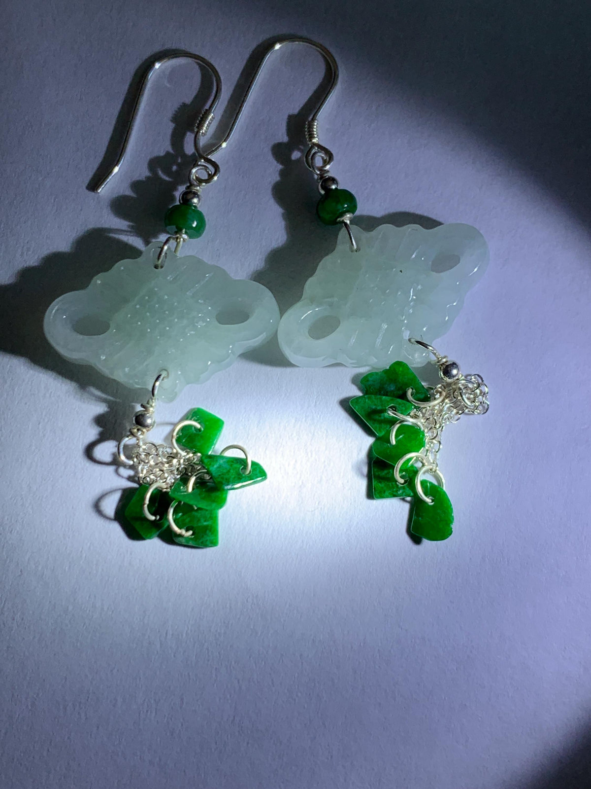 Natural Grade A Icy Translucent White Jade Jadeite Drum Chinese Knot Hot Green Jadeite Dangle Earrings Sterling Silver 天然白冰翡翠中国结碎碎耳钩 SGY88C