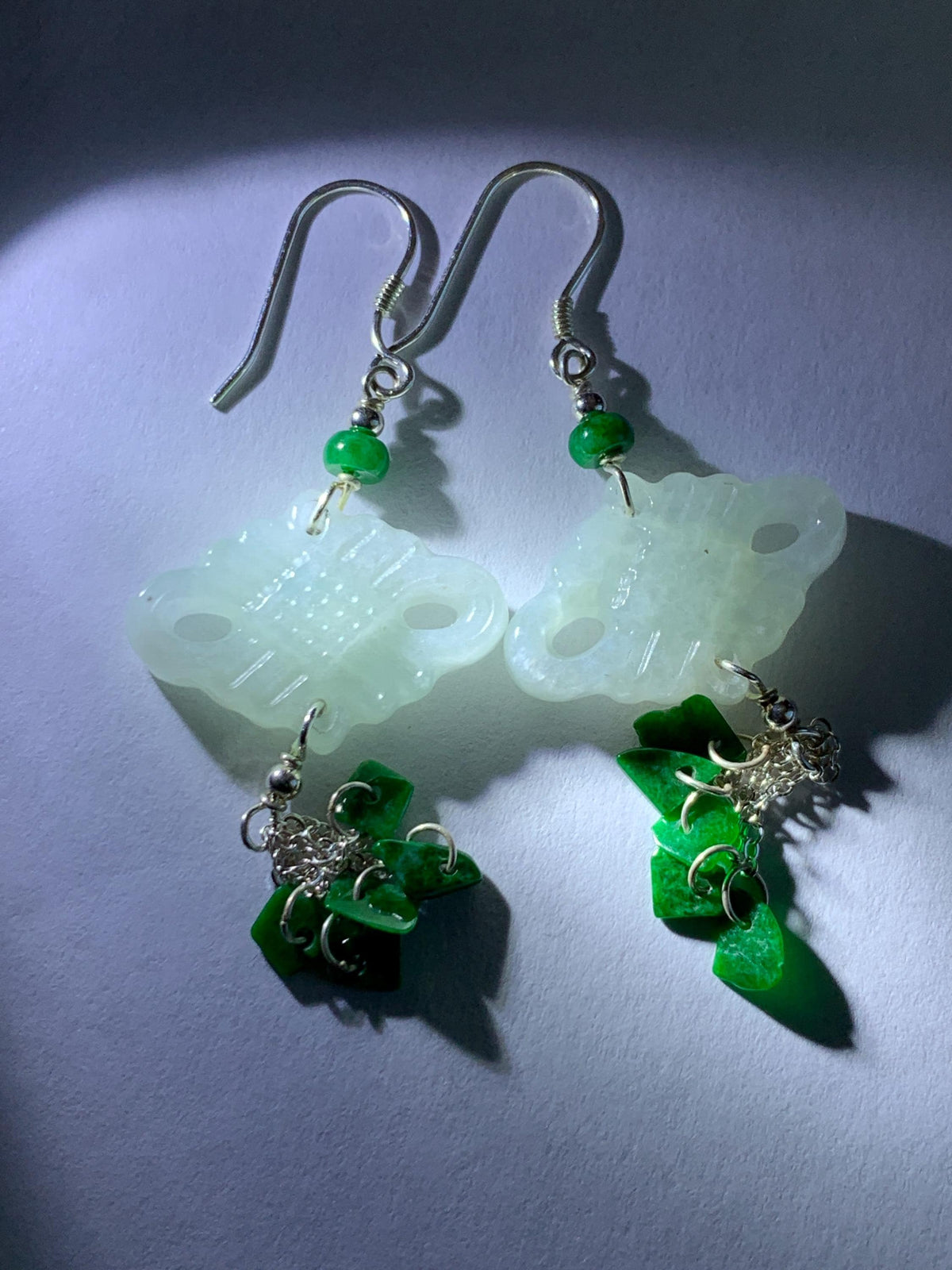 Natural Grade A Icy Translucent White Jade Jadeite Drum Chinese Knot Hot Green Jadeite Dangle Earrings Sterling Silver 天然白冰翡翠中国结碎碎耳钩 SGY88C