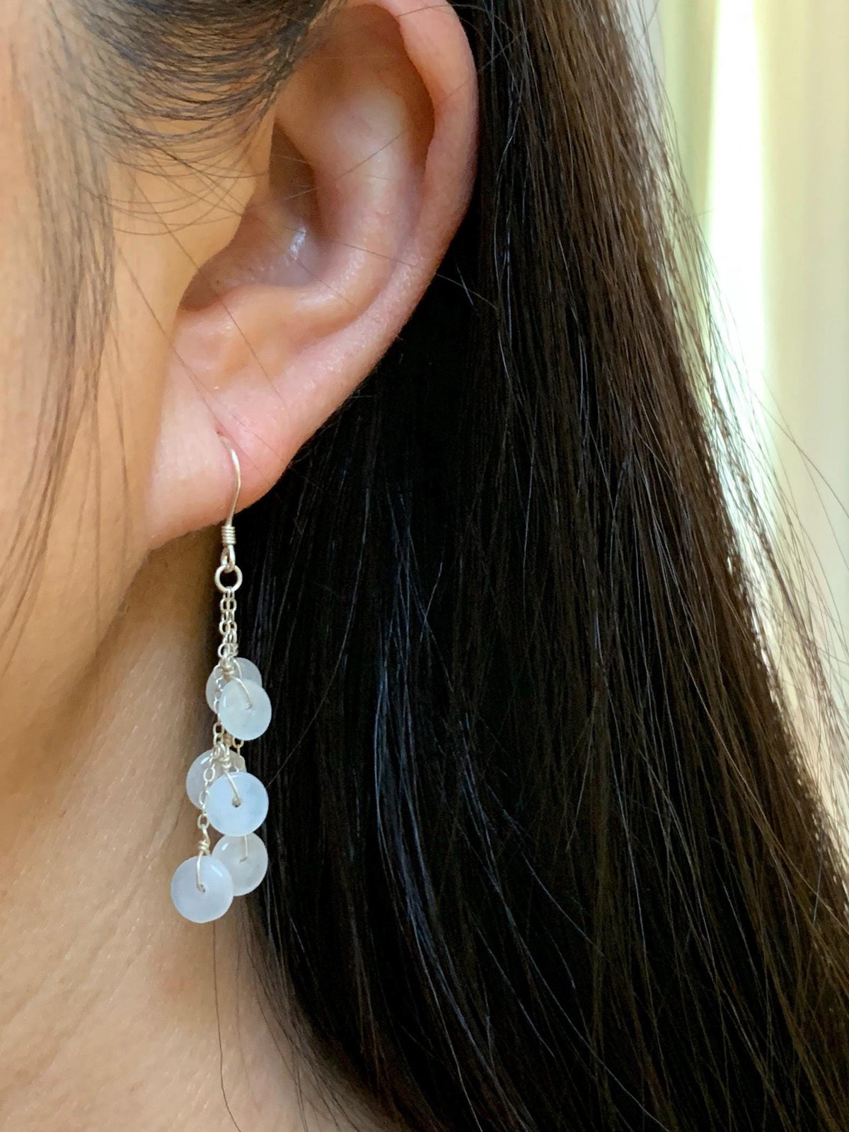 Natural Grade A Icy Highly Translucent White Jade Jadeite Mini Donut Dangle Earrings Sterling Silver 天然白冰翡翠平安扣珠耳钩 SGY88D