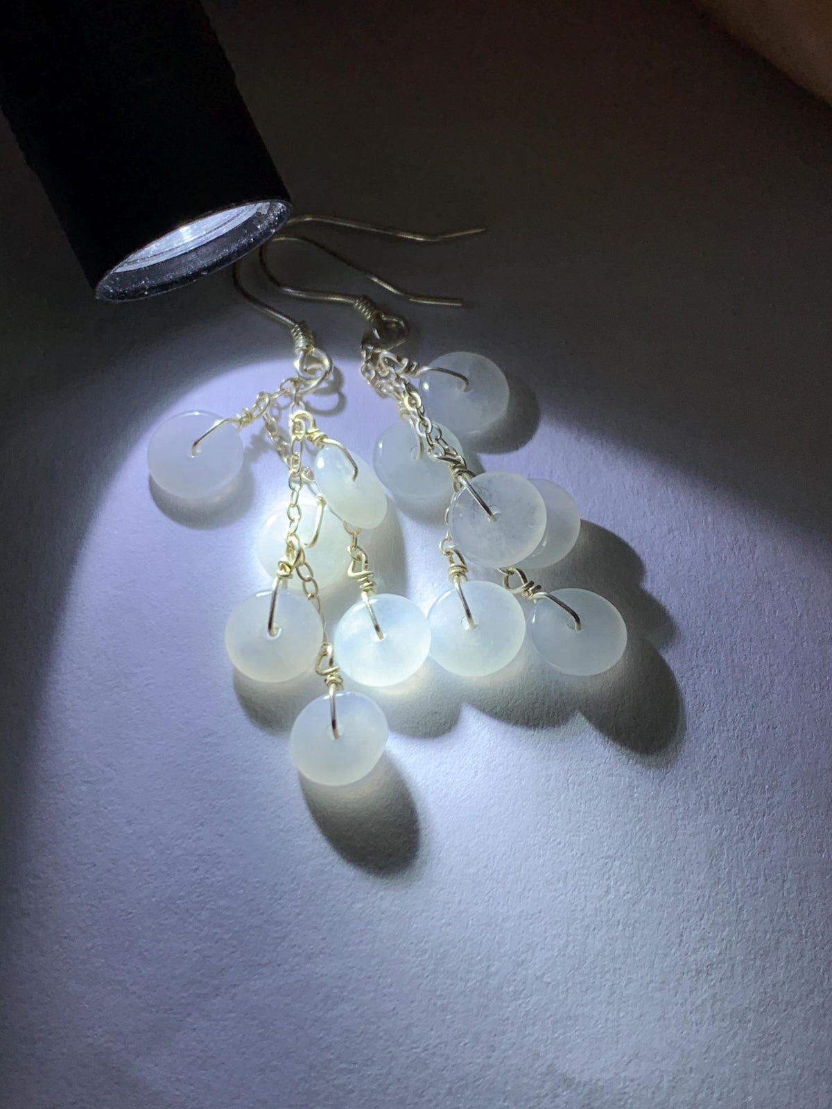 Natural Grade A Icy Highly Translucent White Jade Jadeite Mini Donut Dangle Earrings Sterling Silver 天然白冰翡翠平安扣珠耳钩 SGY88D
