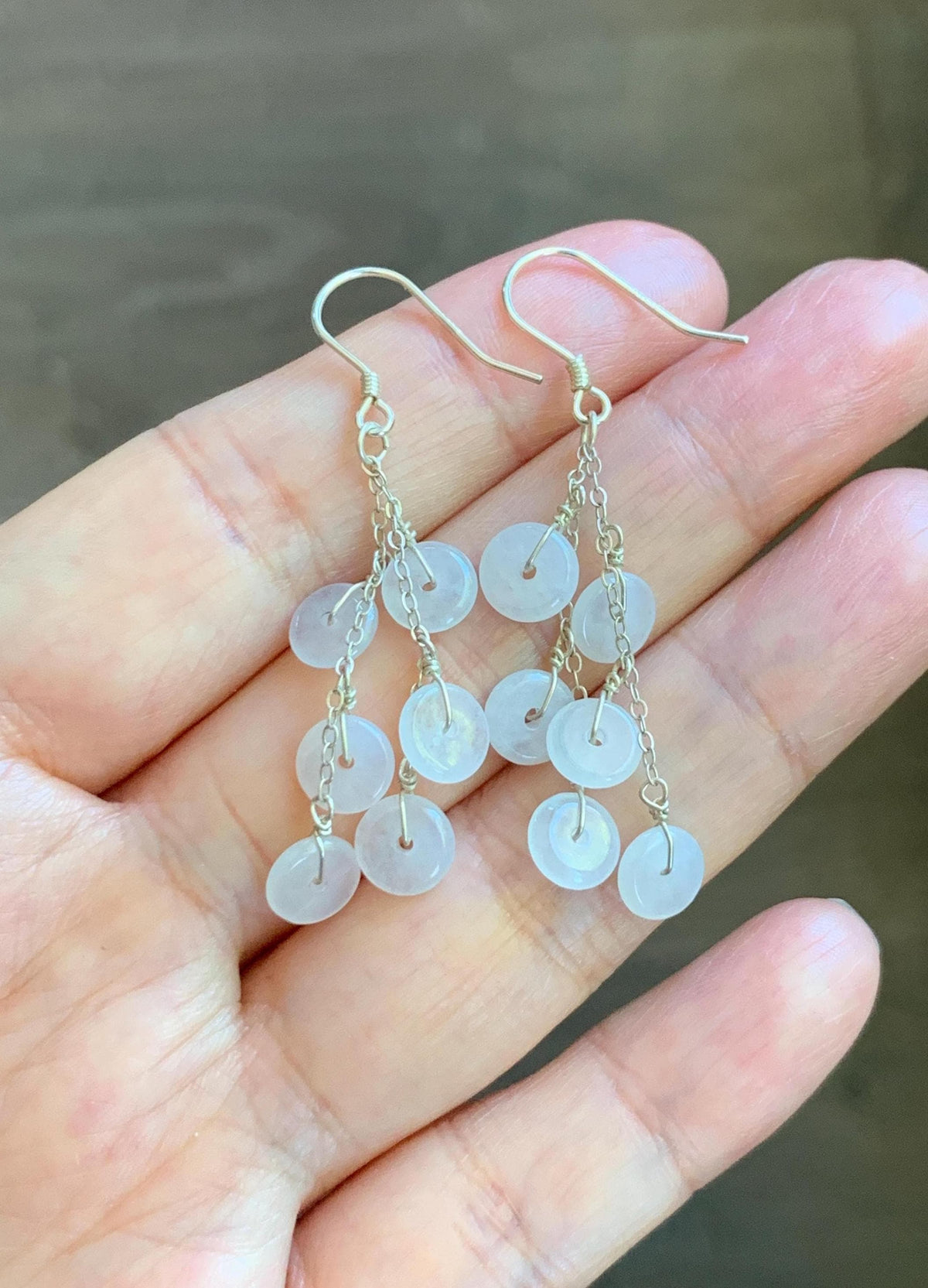 Natural Grade A Icy Highly Translucent White Jade Jadeite Mini Donut Dangle Earrings Sterling Silver 天然白冰翡翠平安扣珠耳钩 SGY88D