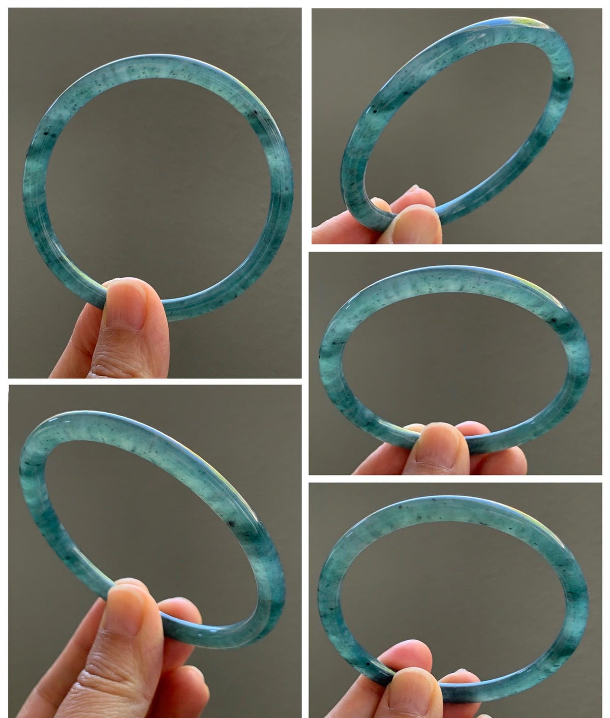 Certified Natural Grade A Guatemalan Icy Translucent Dark Dusty Teal Blue Jade Jadeite Slim Bangle 61mm 7.54" 19.8g 天然冰危深蓝翡翠细圆条手镯 925