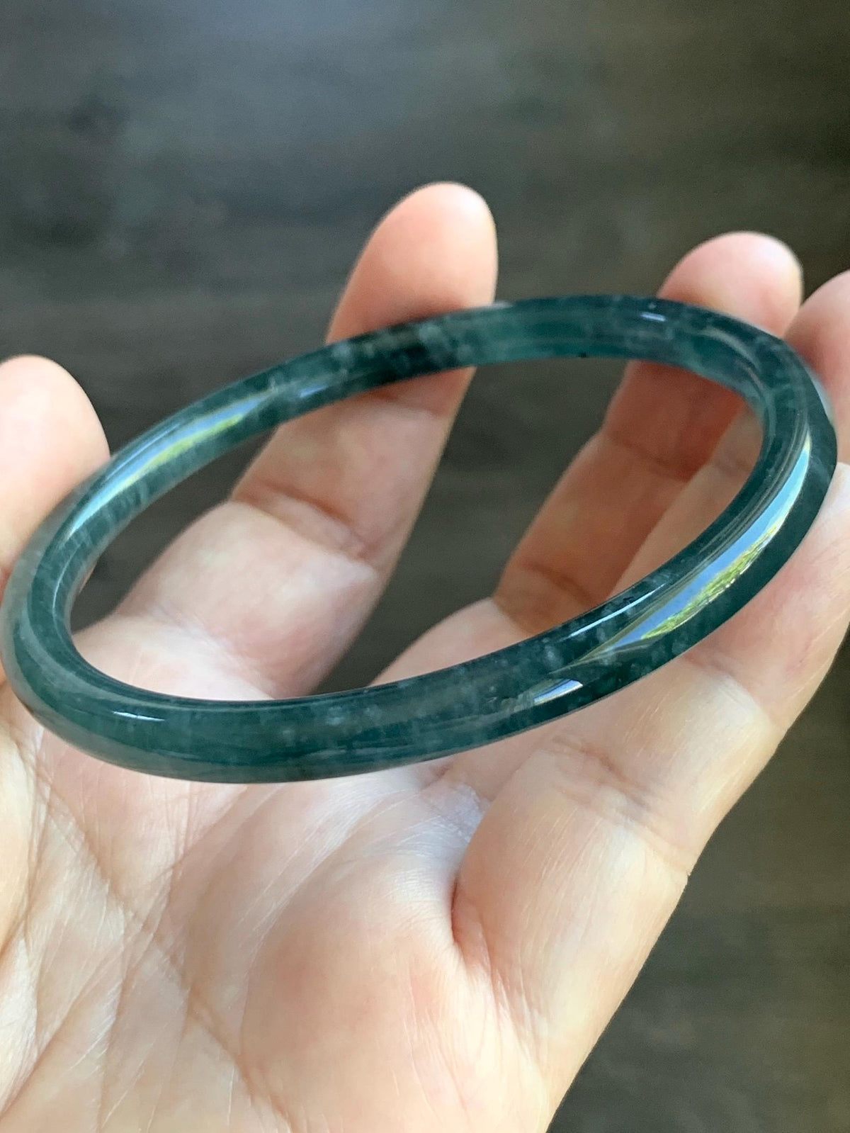 Certified Natural Grade A Guatemalan Icy Translucent Dark Dusty Teal Blue Jade Jadeite Slim Bangle 61mm 7.54" 19.8g 天然冰危深蓝翡翠细圆条手镯 925