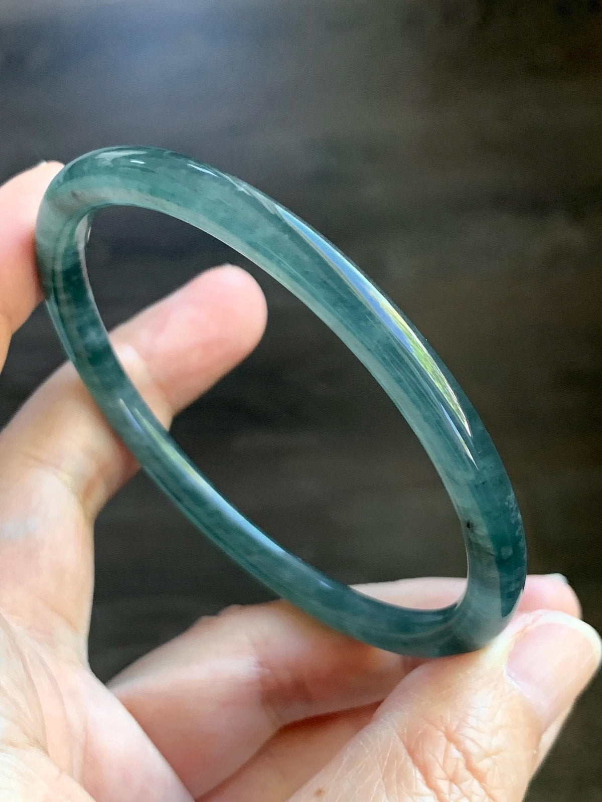 Certified Natural Grade A Guatemalan Icy Translucent Dark Dusty Teal Blue Jade Jadeite Slim Bangle 61mm 7.54" 19.8g 天然冰危深蓝翡翠细圆条手镯 925