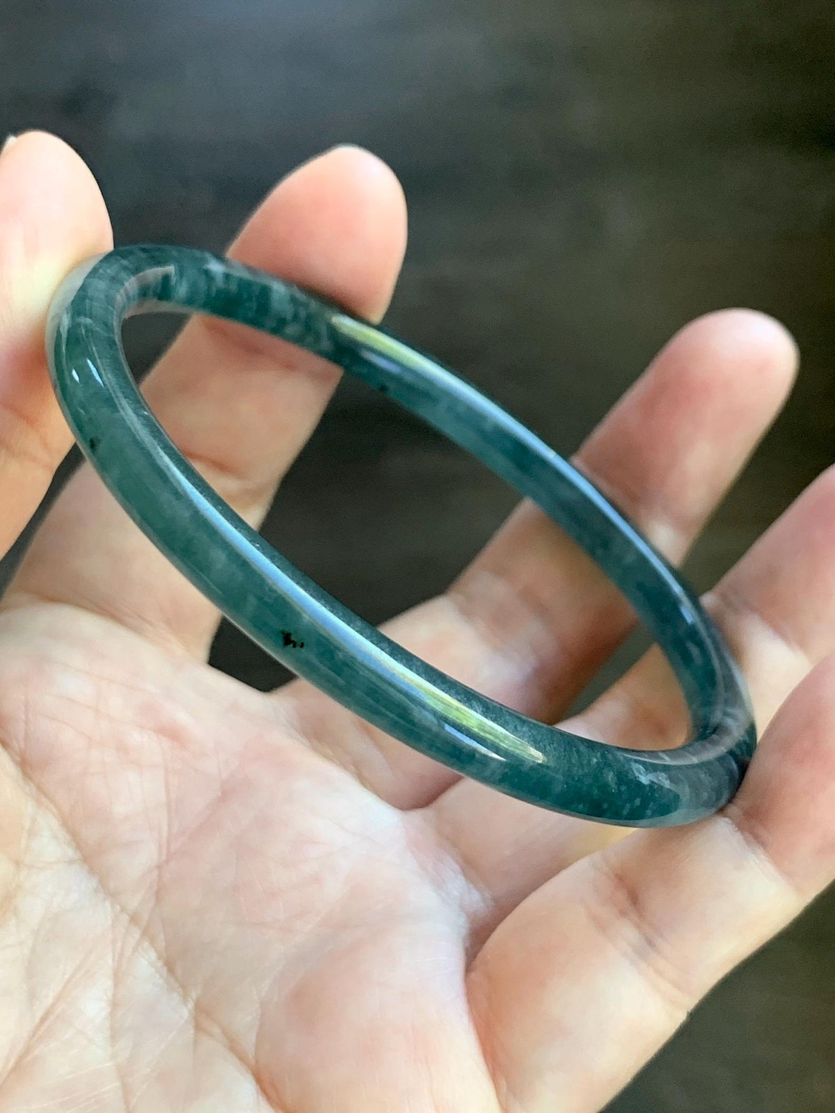 Certified Natural Grade A Guatemalan Icy Translucent Dark Dusty Teal Blue Jade Jadeite Slim Bangle 61mm 7.54" 19.8g 天然冰危深蓝翡翠细圆条手镯 925