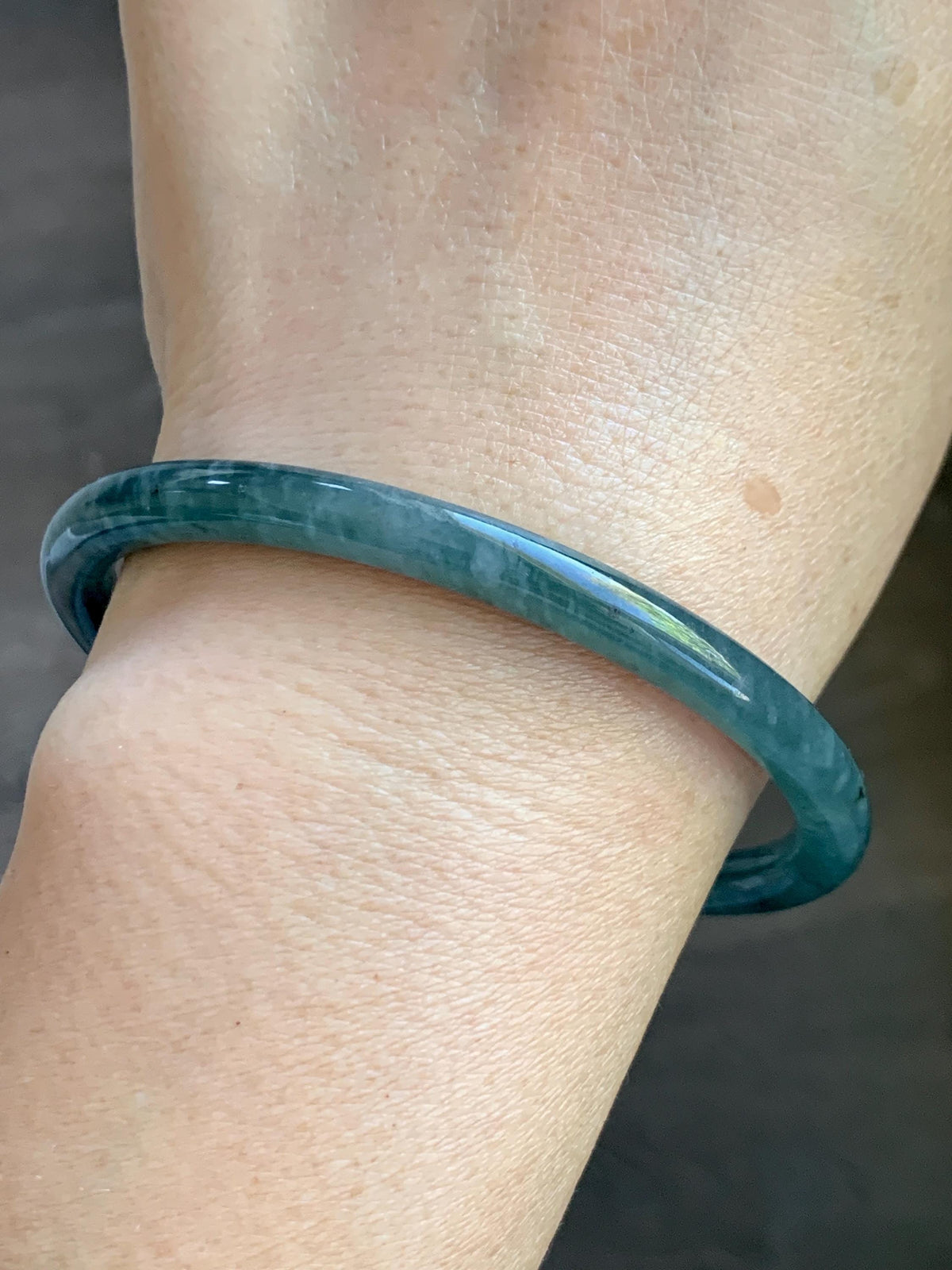 Certified Natural Grade A Guatemalan Icy Translucent Dark Dusty Teal Blue Jade Jadeite Slim Bangle 61mm 7.54" 19.8g 天然冰危深蓝翡翠细圆条手镯 925
