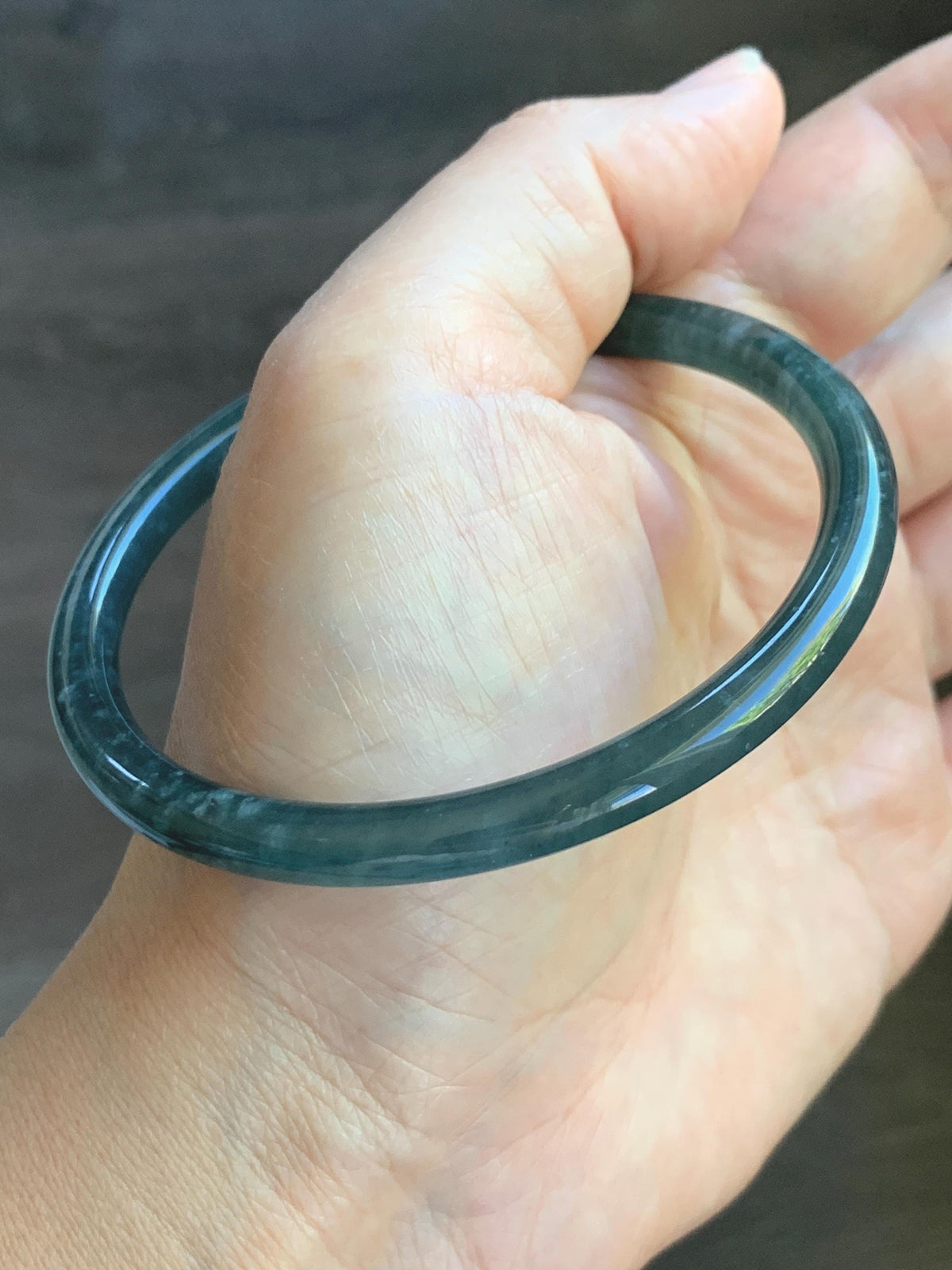Certified Natural Grade A Guatemalan Icy Translucent Dark Dusty Teal Blue Jade Jadeite Slim Bangle 61mm 7.54" 19.8g 天然冰危深蓝翡翠细圆条手镯 925