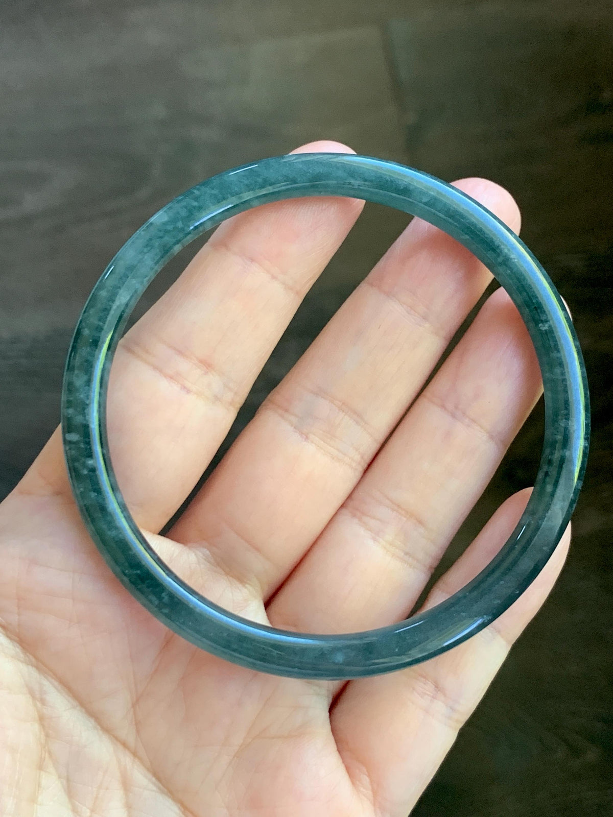 Certified Natural Grade A Guatemalan Icy Translucent Dark Dusty Teal Blue Jade Jadeite Slim Bangle 61mm 7.54" 19.8g 天然冰危深蓝翡翠细圆条手镯 925