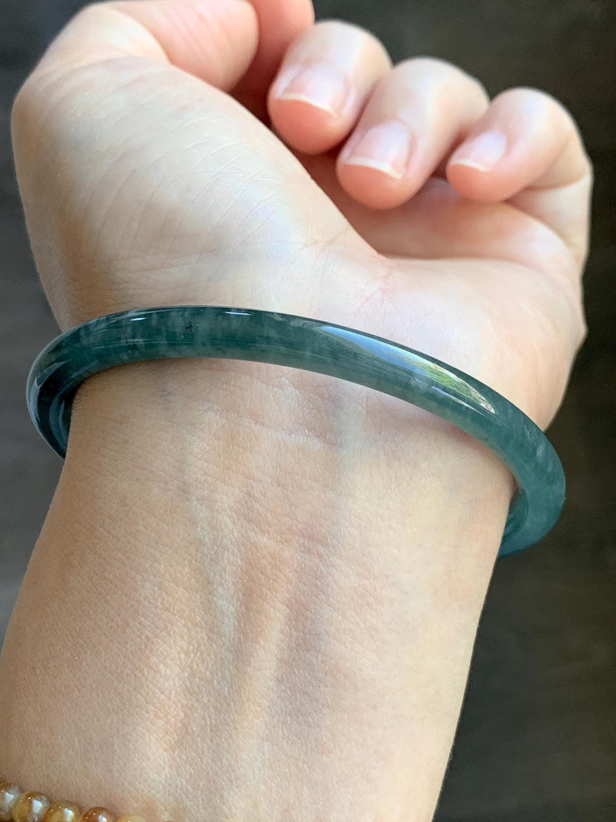 Certified Natural Grade A Guatemalan Icy Translucent Dark Dusty Teal Blue Jade Jadeite Slim Bangle 61mm 7.54" 19.8g 天然冰危深蓝翡翠细圆条手镯 925