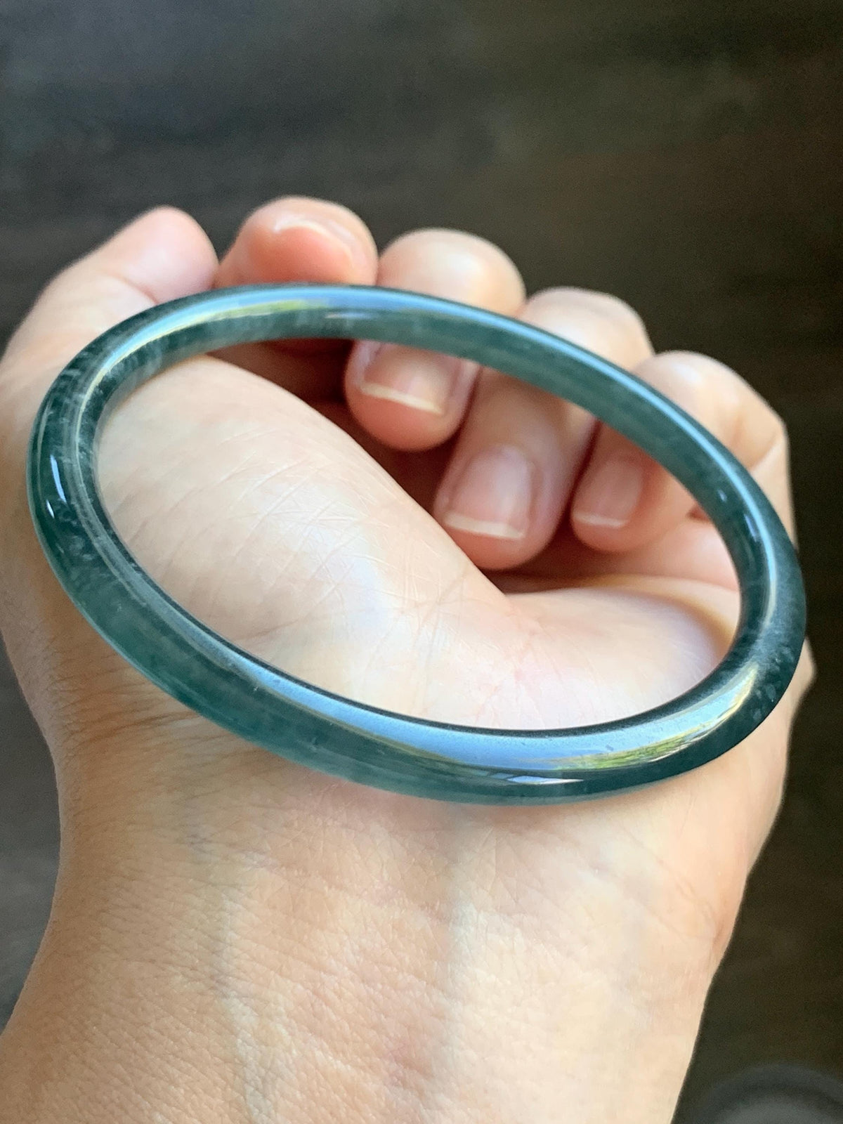 Certified Natural Grade A Guatemalan Icy Translucent Dark Dusty Teal Blue Jade Jadeite Slim Bangle 61mm 7.54" 19.8g 天然冰危深蓝翡翠细圆条手镯 925