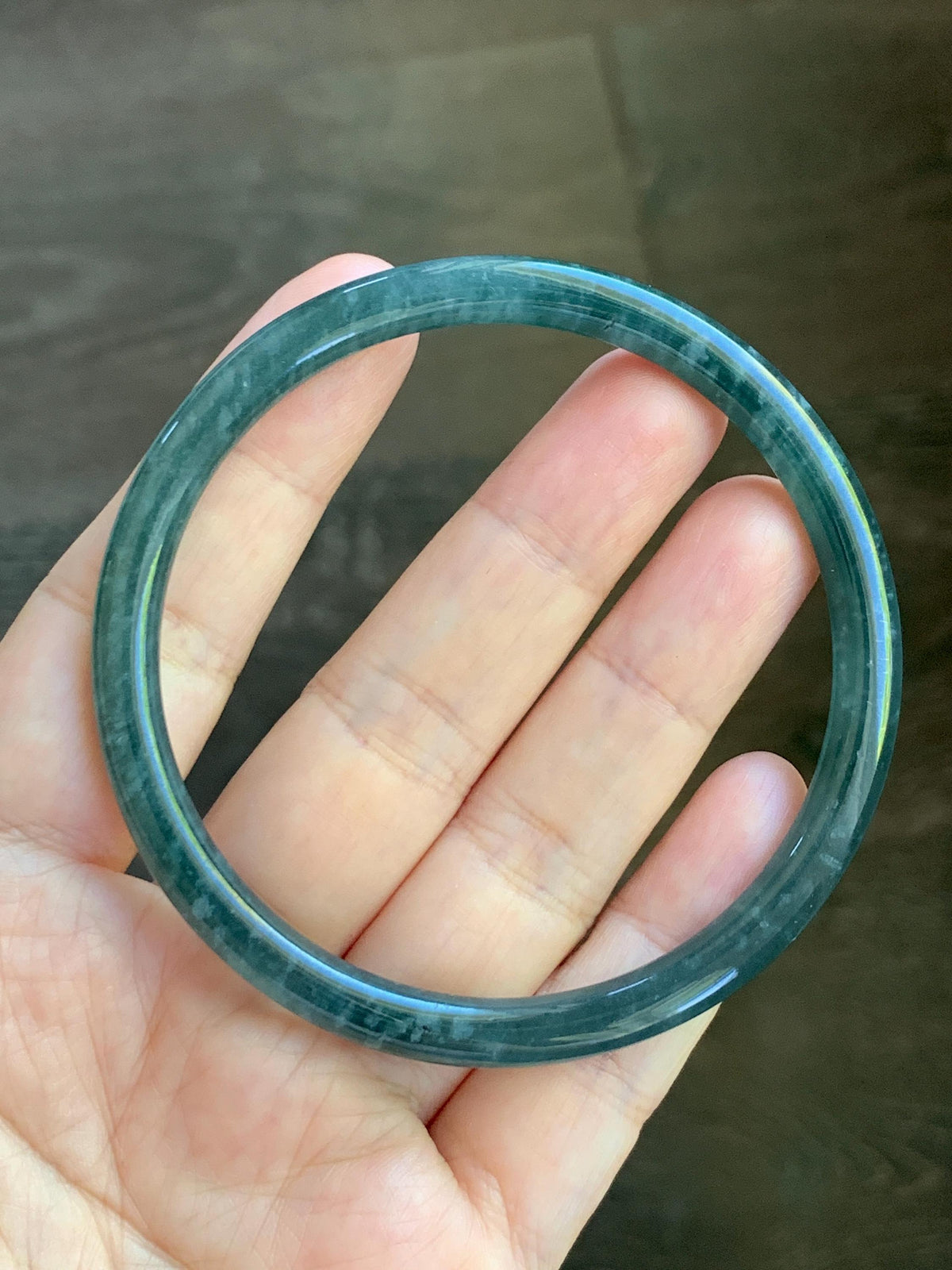 Certified Natural Grade A Guatemalan Icy Translucent Dark Dusty Teal Blue Jade Jadeite Slim Bangle 61mm 7.54" 19.8g 天然冰危深蓝翡翠细圆条手镯 925