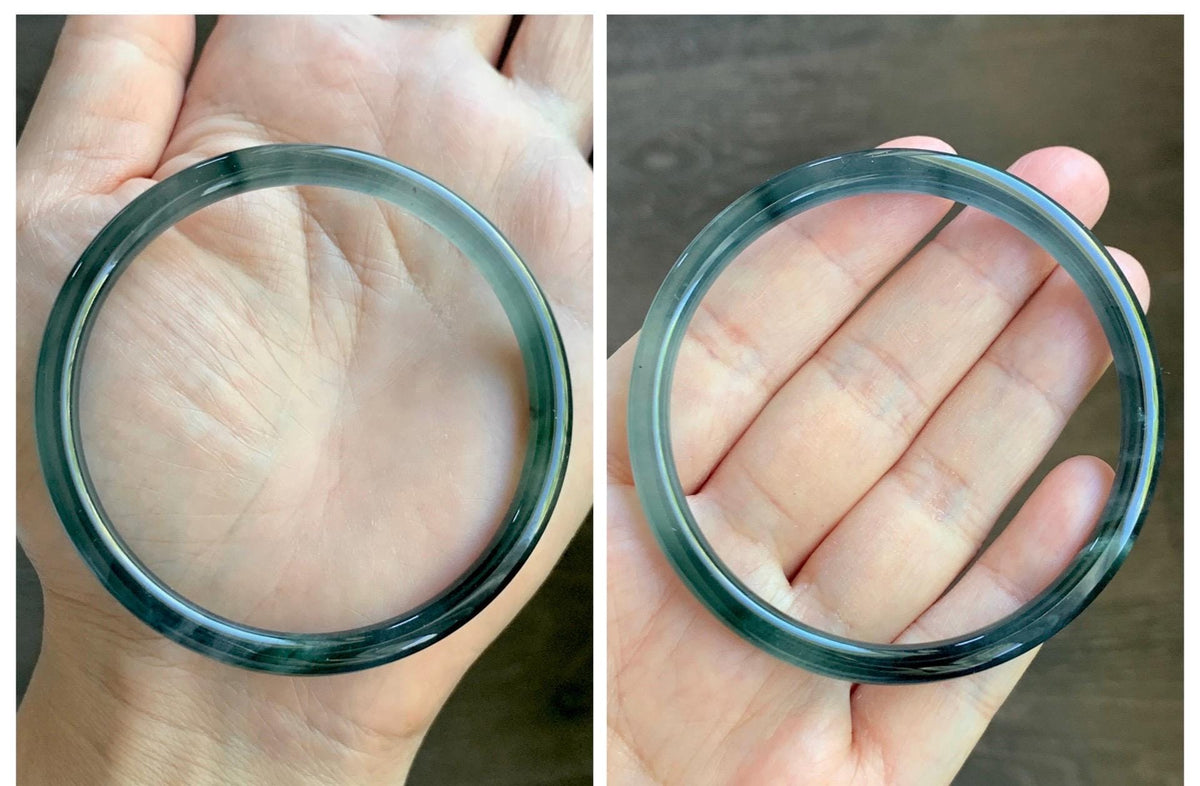 Certified Natural Grade A Guatemalan Icy Highly Translucent Dark Teal Blue Jade Jadeite Slim Bangle 58mm 7.17” 16.5g 天然冰胶危深蓝绿翡翠细圆条手镯 931