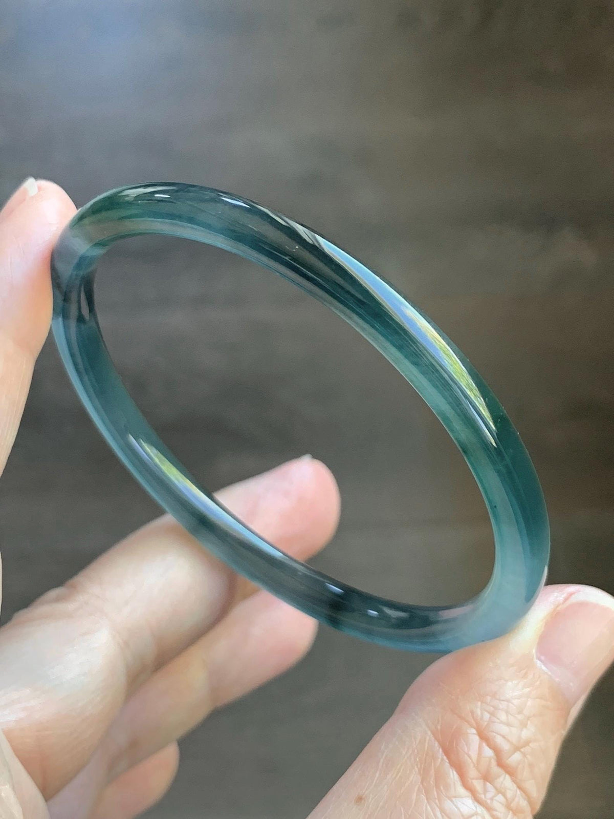 Certified Natural Grade A Guatemalan Icy Highly Translucent Dark Teal Blue Jade Jadeite Slim Bangle 58mm 7.17” 16.5g 天然冰胶危深蓝绿翡翠细圆条手镯 931