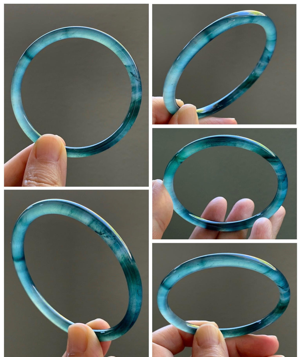 Certified Natural Grade A Guatemalan Icy Highly Translucent Dark Teal Blue Jade Jadeite Slim Bangle 58mm 7.17” 16.5g 天然冰胶危深蓝绿翡翠细圆条手镯 931