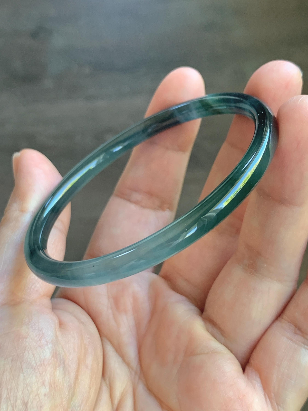 Certified Natural Grade A Guatemalan Icy Highly Translucent Dark Teal Blue Jade Jadeite Slim Bangle 58mm 7.17” 16.5g 天然冰胶危深蓝绿翡翠细圆条手镯 931