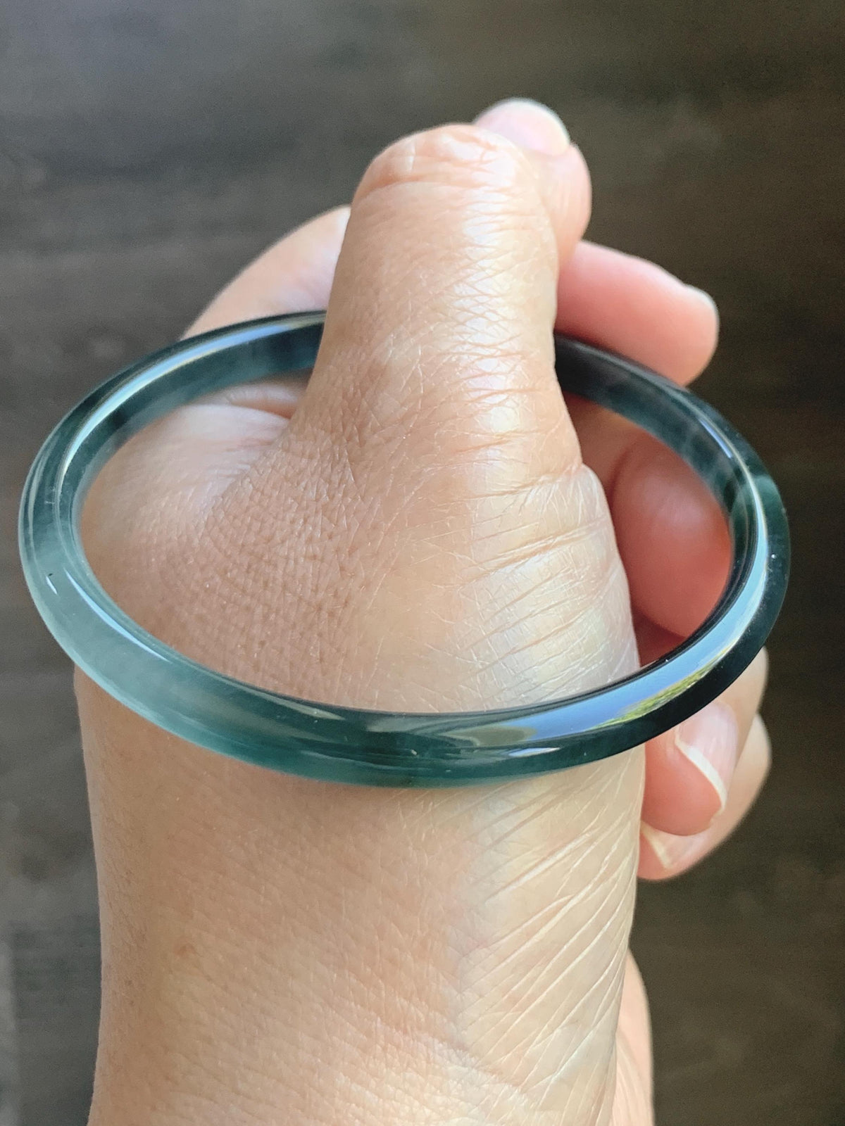 Certified Natural Grade A Guatemalan Icy Highly Translucent Dark Teal Blue Jade Jadeite Slim Bangle 58mm 7.17” 16.5g 天然冰胶危深蓝绿翡翠细圆条手镯 931